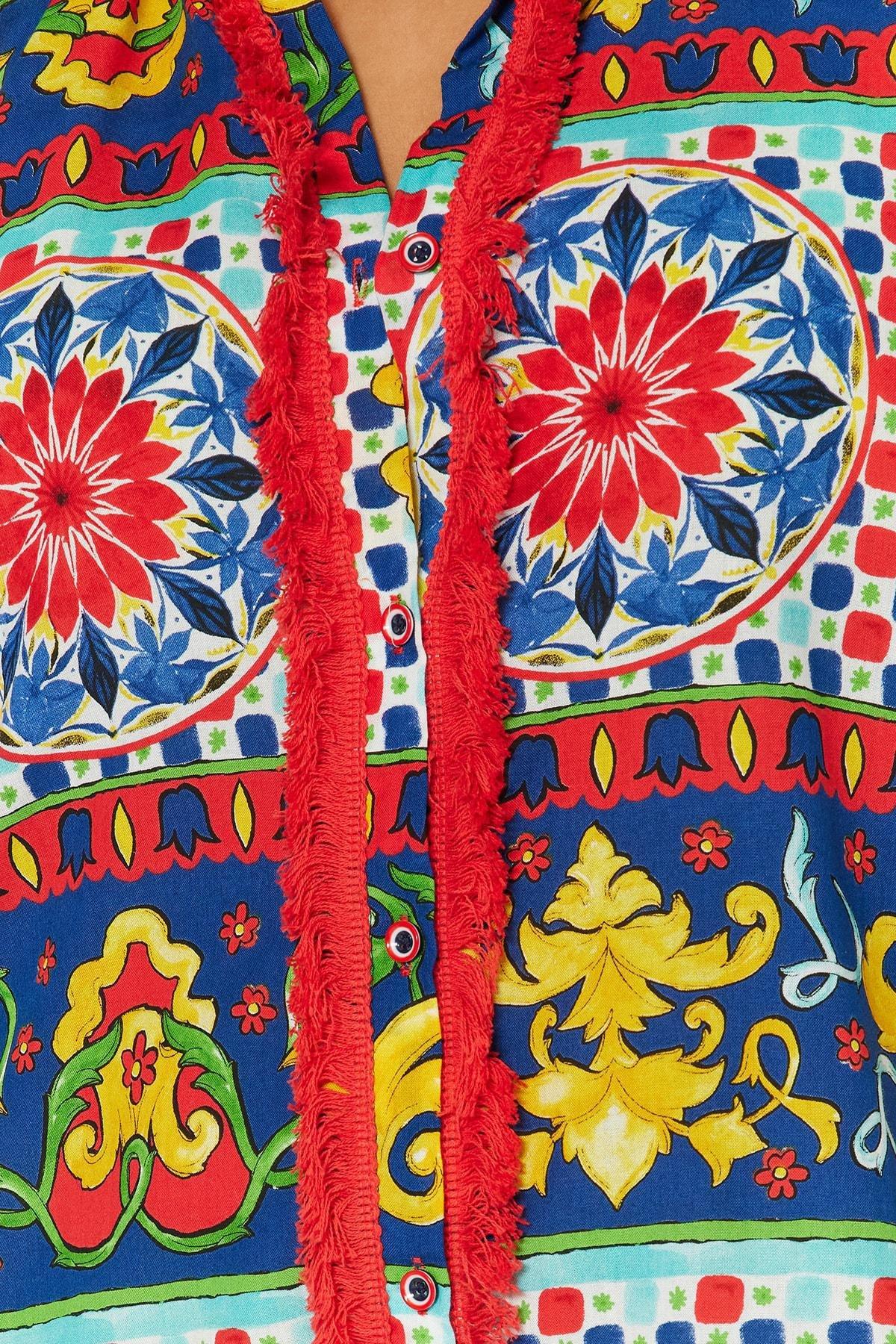Multicolour Patterned V-Neck Plus Size Shirt, , large image number 3
