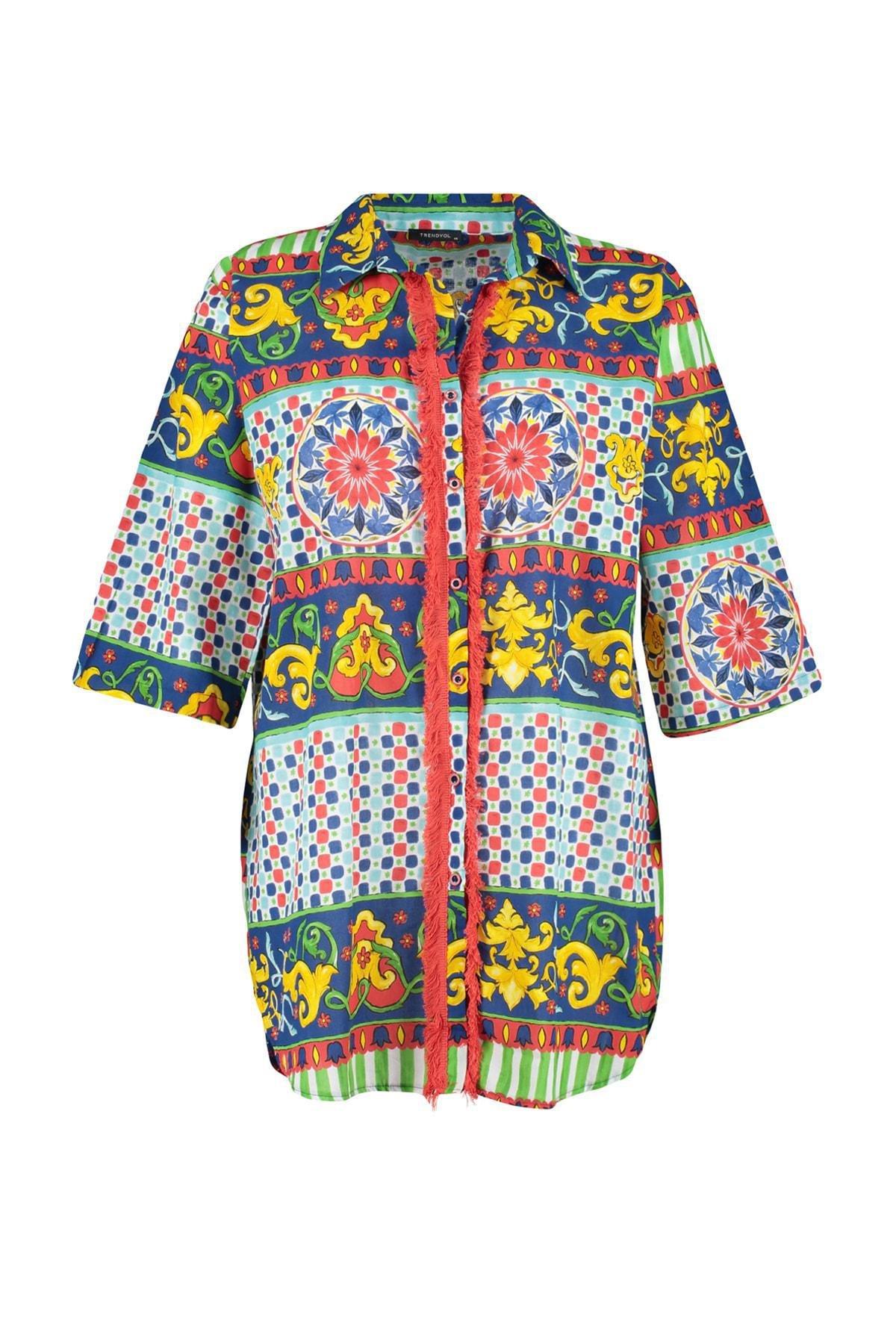 Multicolour Patterned V-Neck Plus Size Shirt, , large image number 4