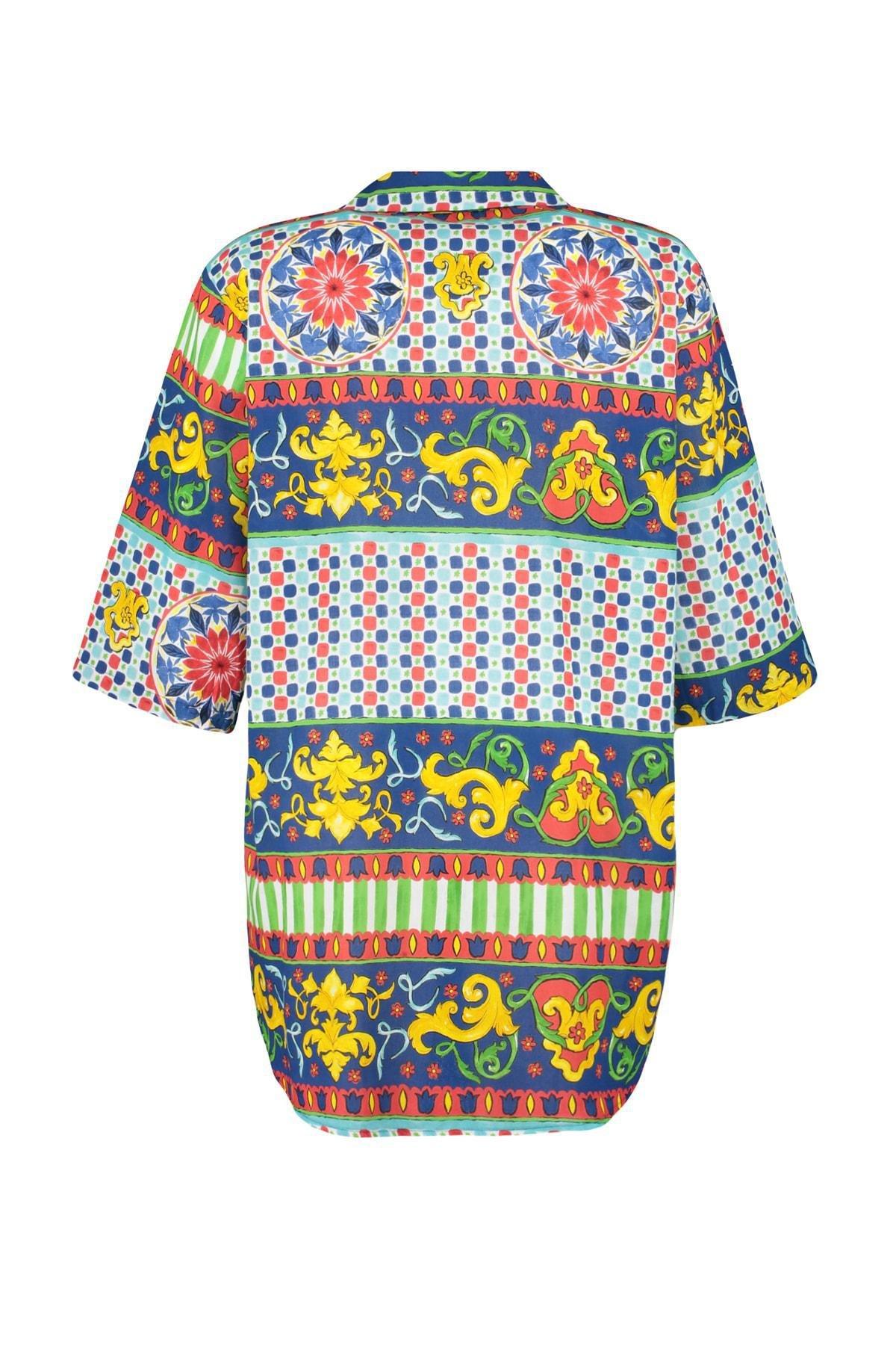 Multicolour Patterned V-Neck Plus Size Shirt, , large image number 5