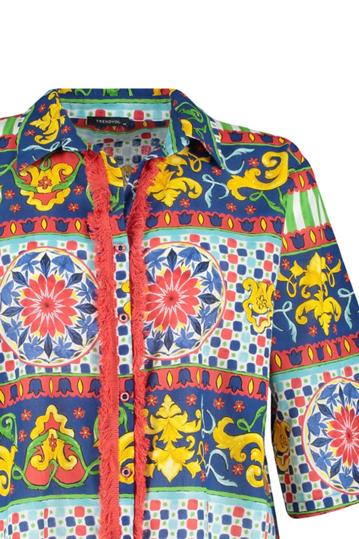 Multicolour Patterned V-Neck Plus Size Shirt, , large image number 6