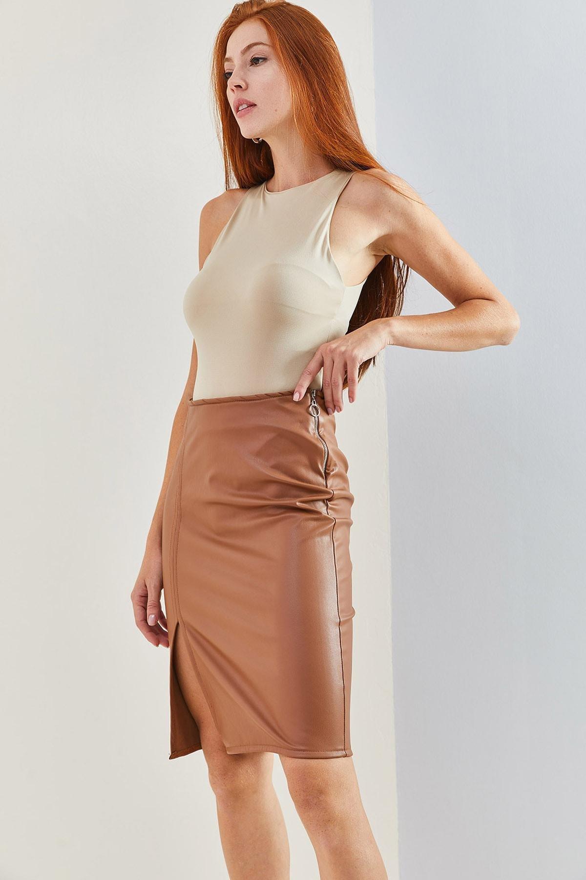 Brown Leather Pencil Zipper Skirt, , large image number 1