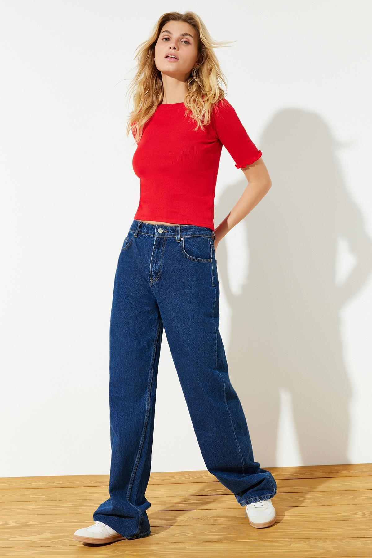 Red Ribbed Crew Neck Blouse, , large image number 2