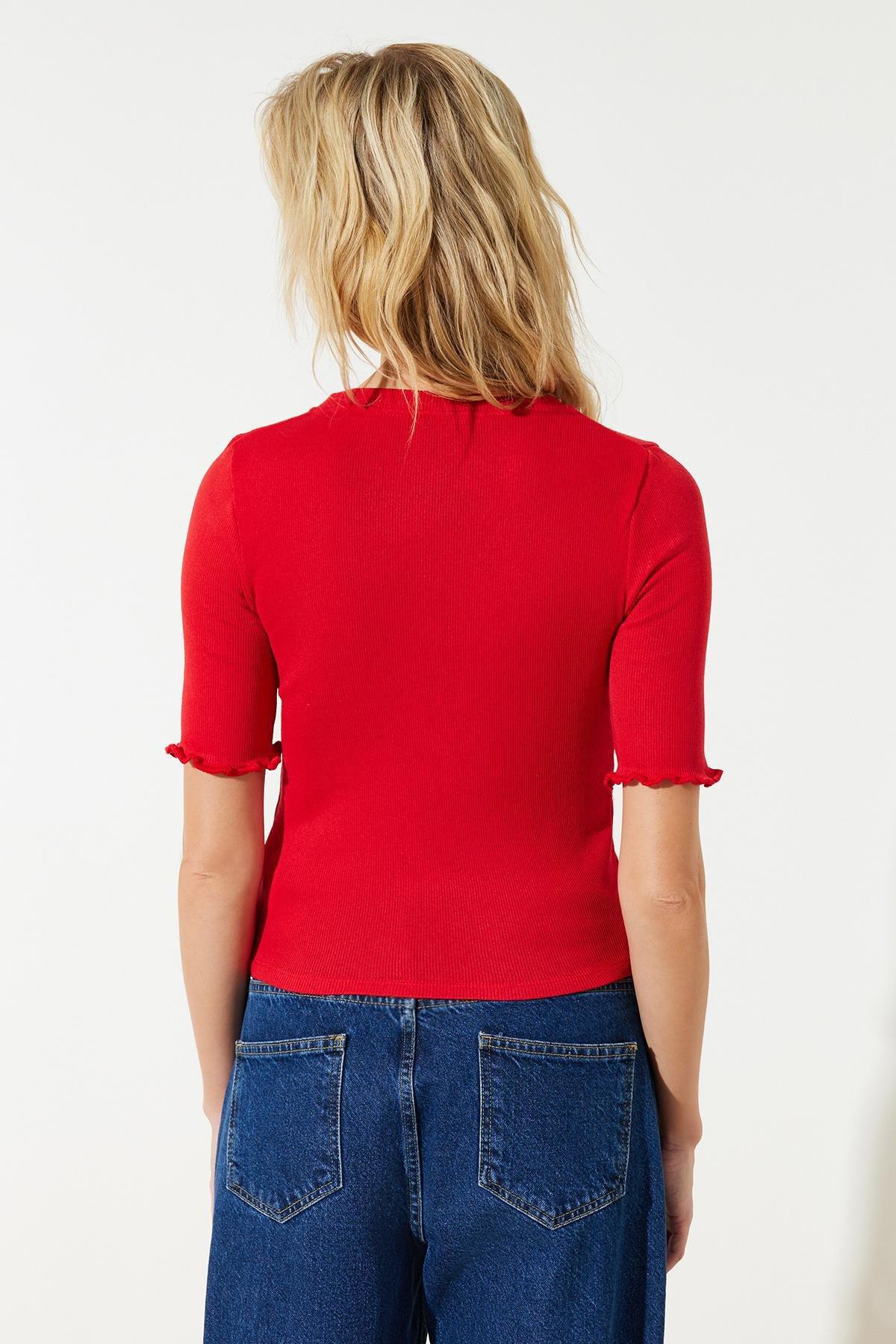 Red Ribbed Crew Neck Blouse, , large image number 4