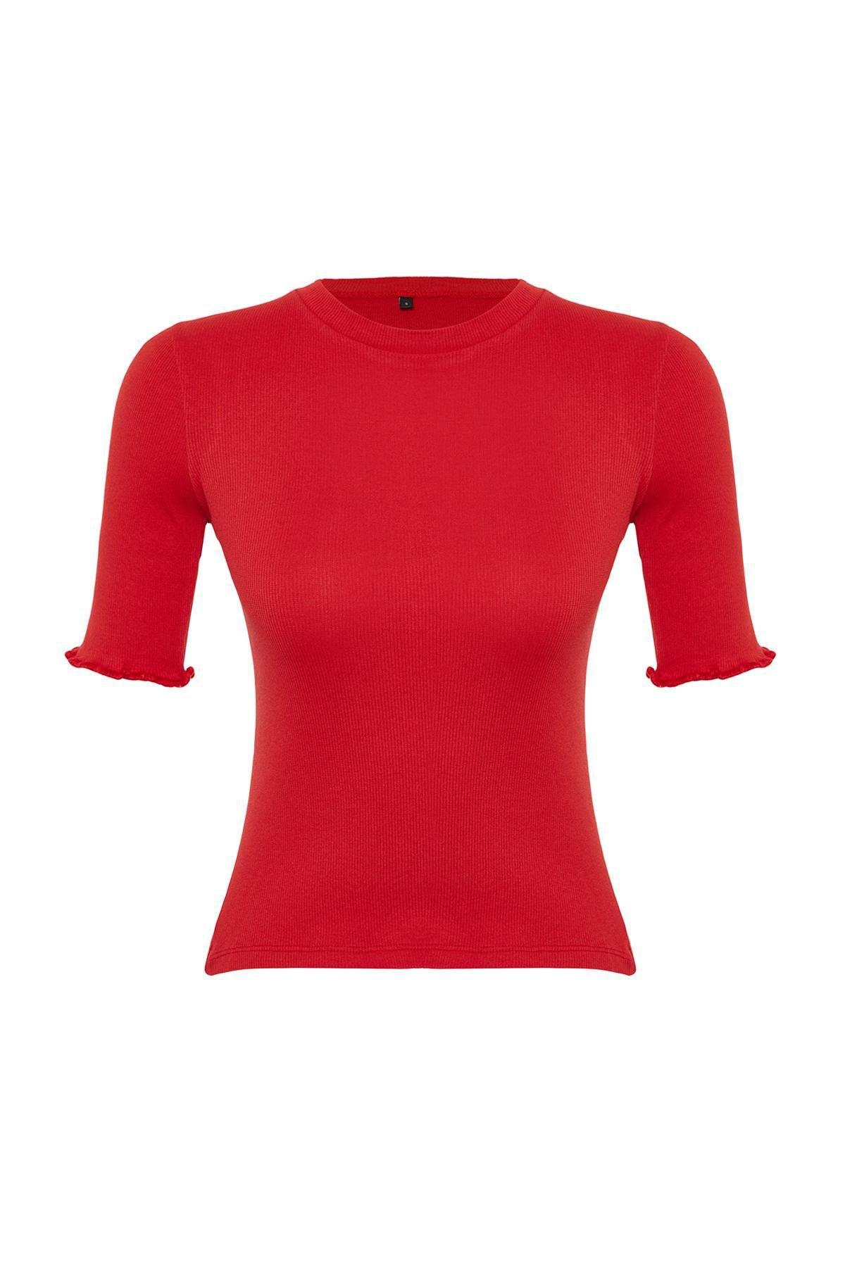 Red Ribbed Crew Neck Blouse, , large image number 5