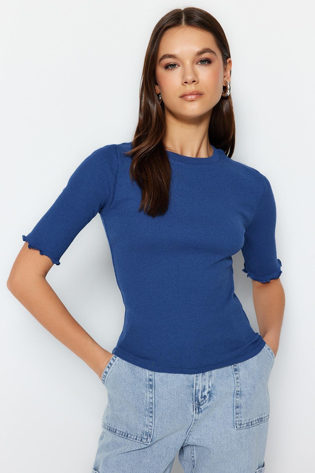 Navy Striped Fitted Crew Neck Blouse, , large image number 1