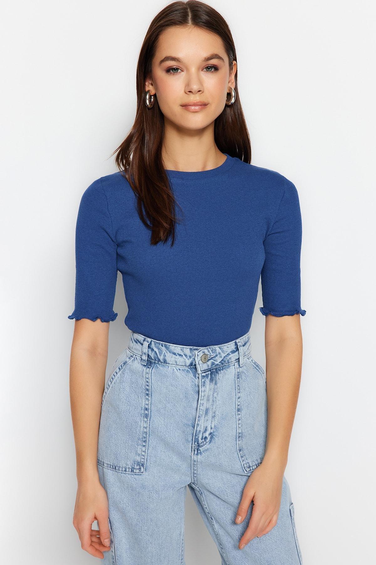 Navy Striped Fitted Crew Neck Blouse, , large image number 2