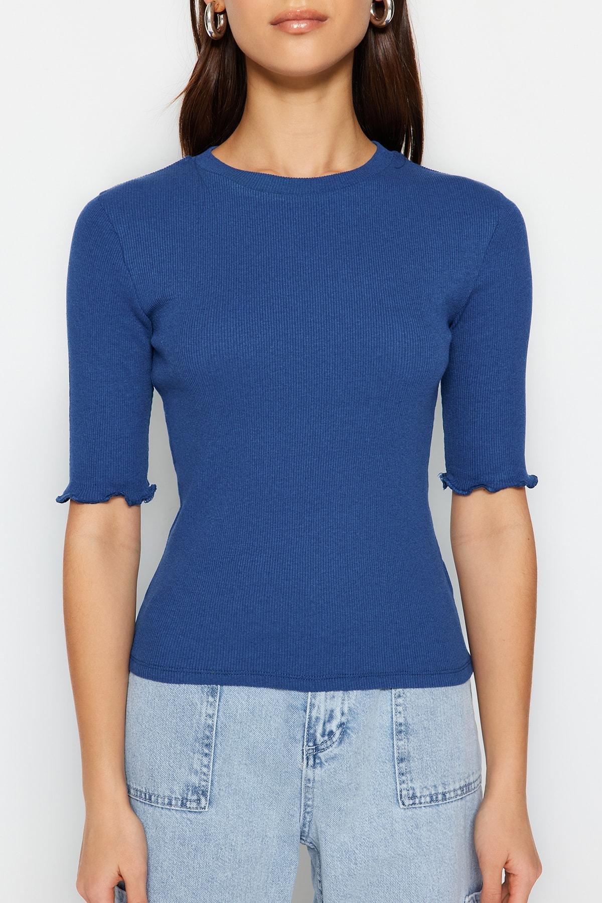 Navy Striped Fitted Crew Neck Blouse, , large image number 4