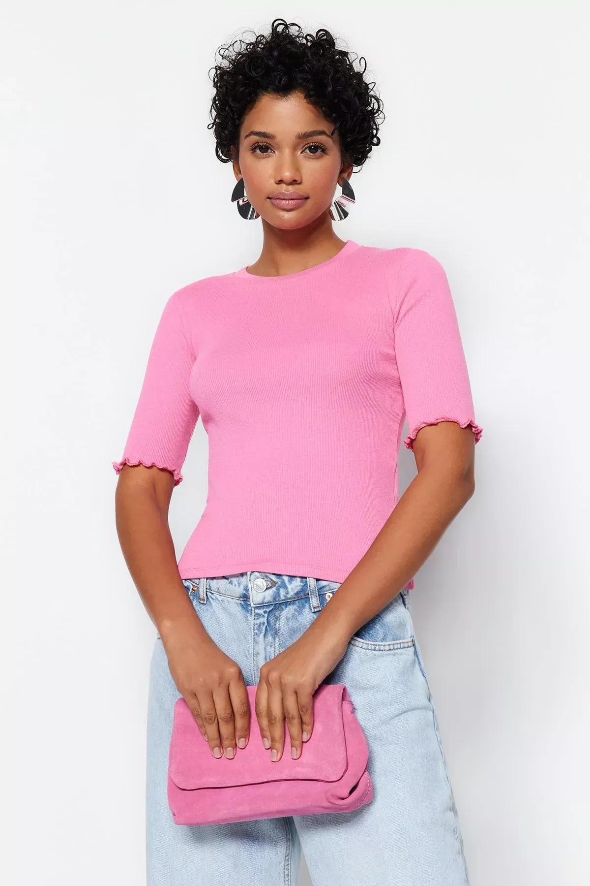 Pink Ribbed Crew Neck Stretchy Knitted Top, , medium