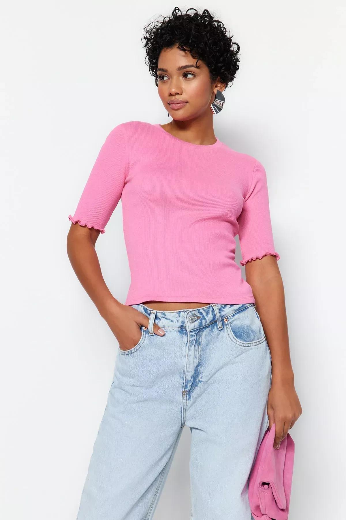 بلوزة مرنة مُحاكة بنمط مضلع بفتحة رقبة مستديرة، وردي, Pink, large image number 1