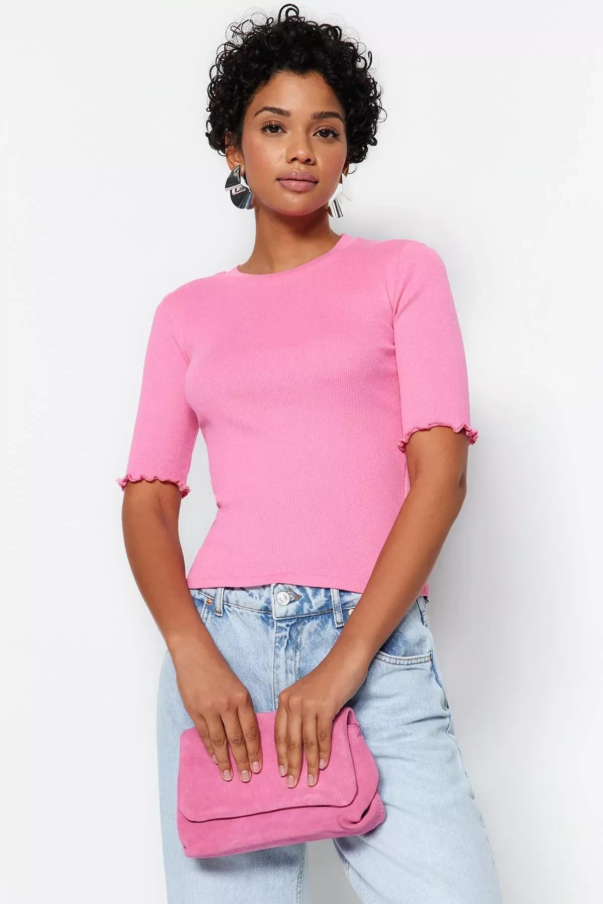 بلوزة مرنة مُحاكة بنمط مضلع بفتحة رقبة مستديرة، وردي, Pink, large image number 2