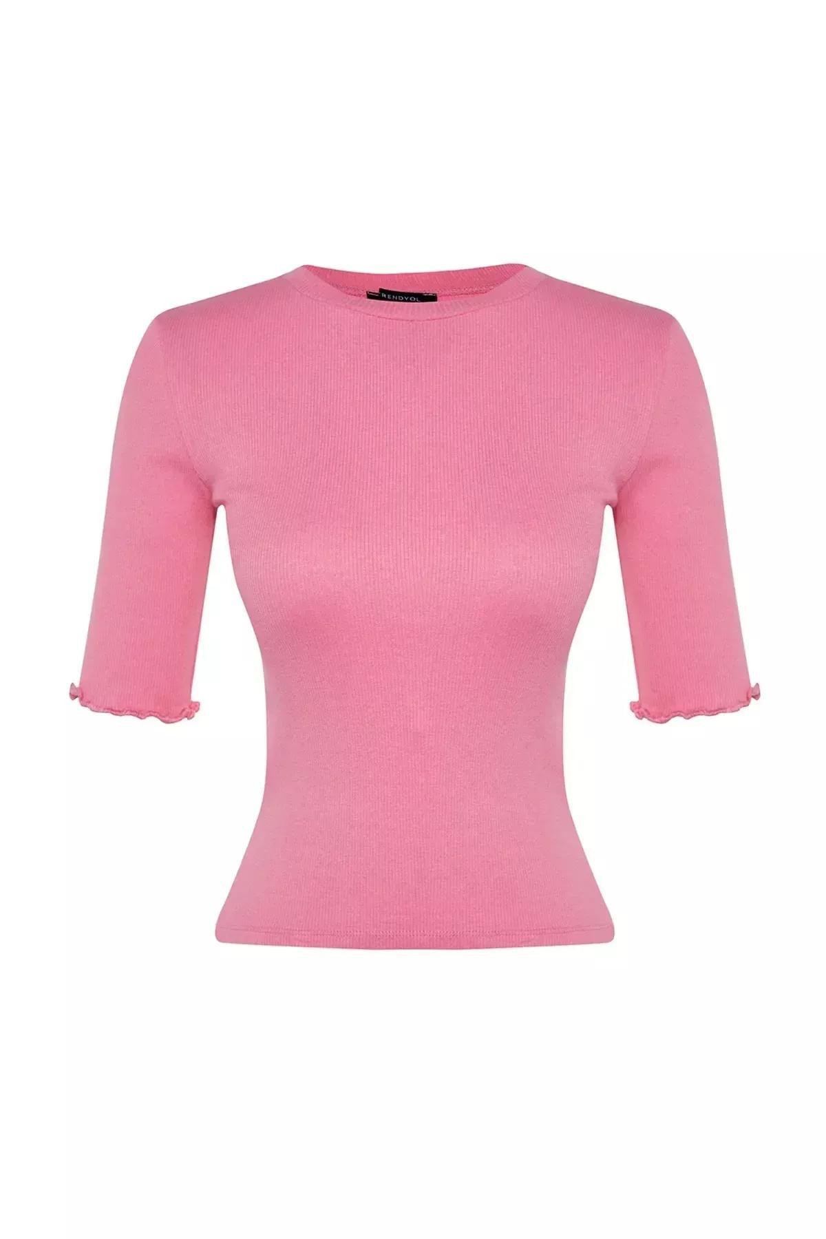 بلوزة مرنة مُحاكة بنمط مضلع بفتحة رقبة مستديرة، وردي, Pink, large image number 5