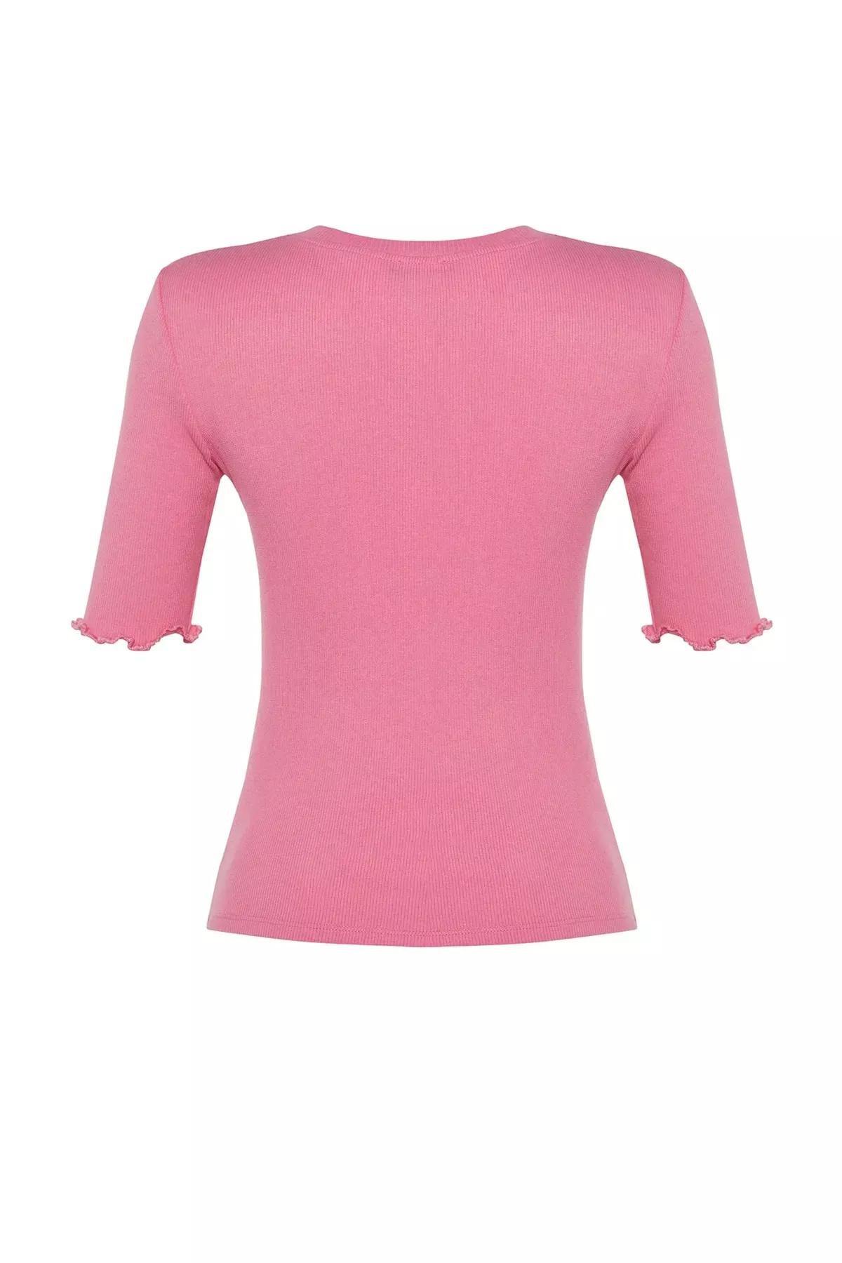 بلوزة مرنة مُحاكة بنمط مضلع بفتحة رقبة مستديرة، وردي, Pink, large image number 7