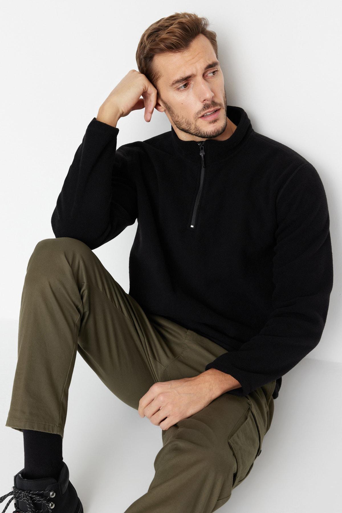 Black Collared Zippered Sweatshirt, , large image number 1