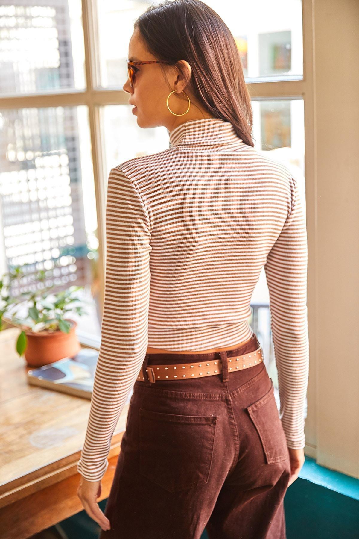Multicolour Turtleneck Striped Cropped Blouse, Striped Mink, large image number 4