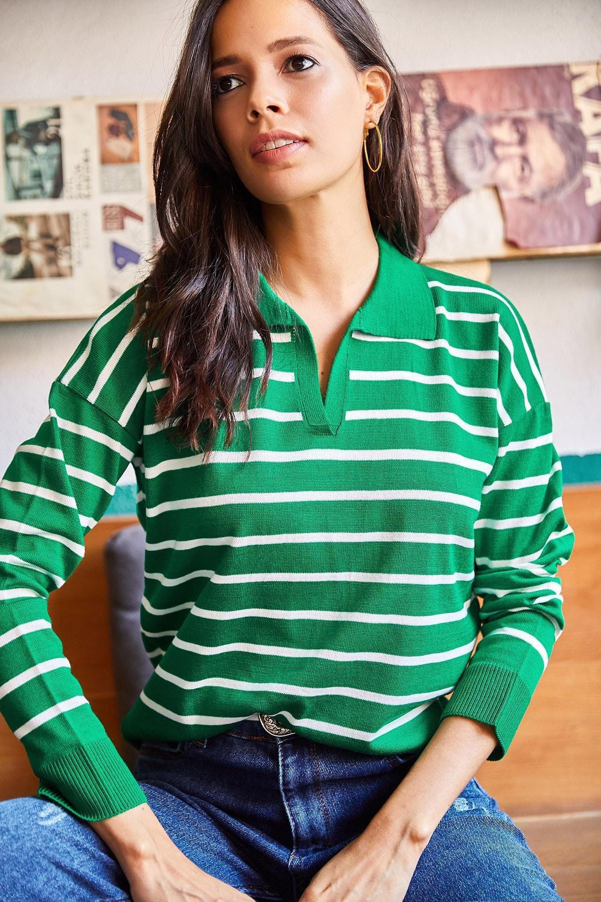Green Polo Neck Striped Knitwear Blouse, Grassgreen, large image number 1