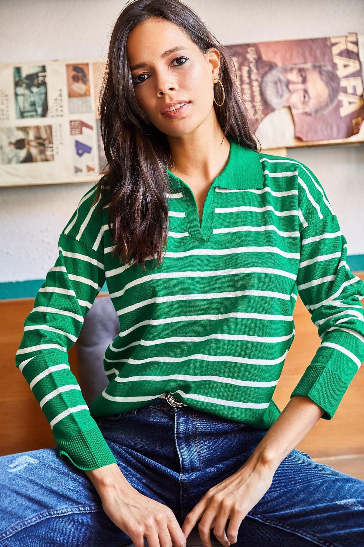 Green Polo Neck Striped Knitwear Blouse, Grassgreen, large image number 2