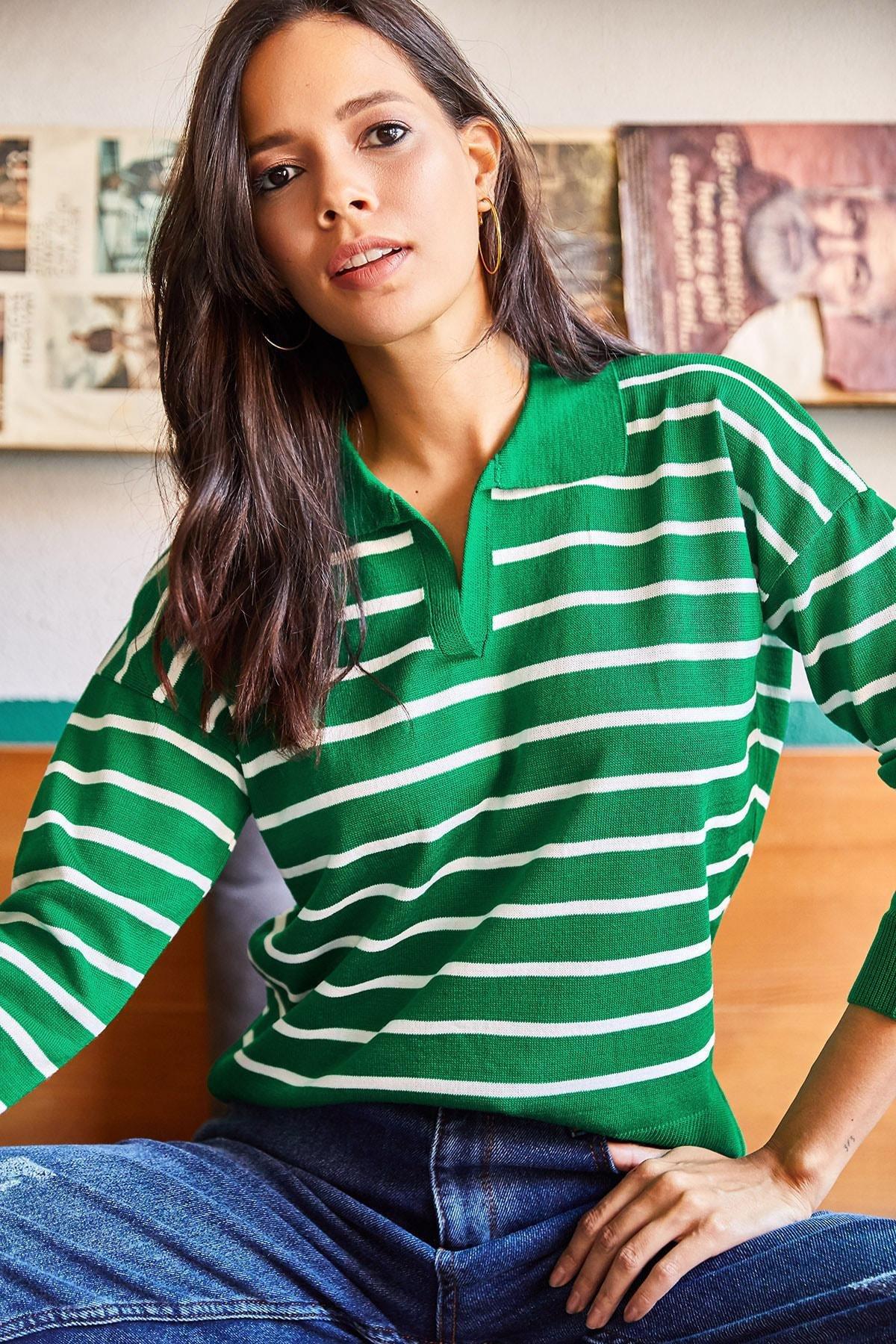 Green Polo Neck Striped Knitwear Blouse, Grassgreen, large image number 3