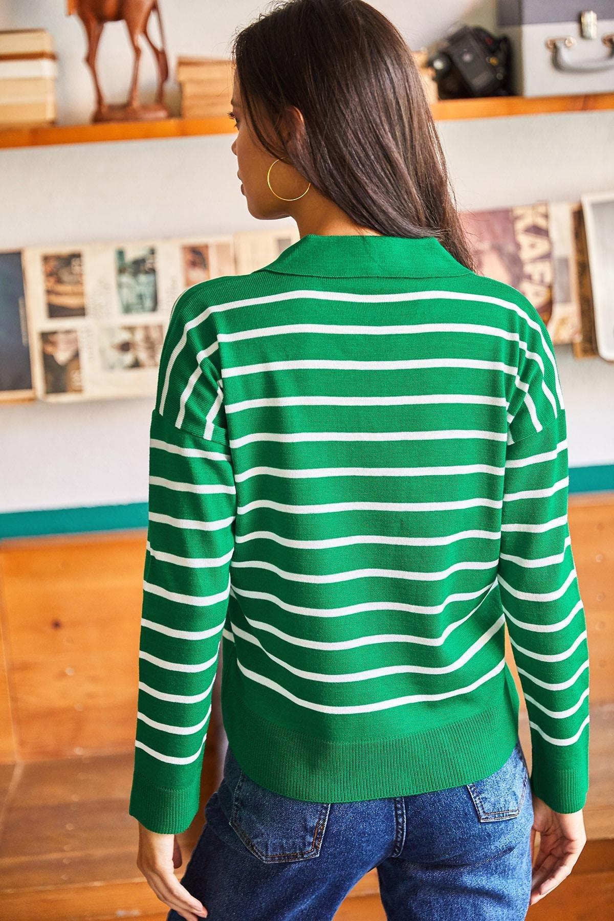 Green Polo Neck Striped Knitwear Blouse, Grassgreen, large image number 4