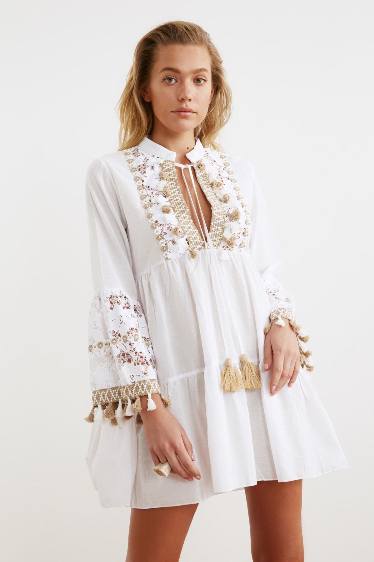 White V Neck Dress, , large image number 0