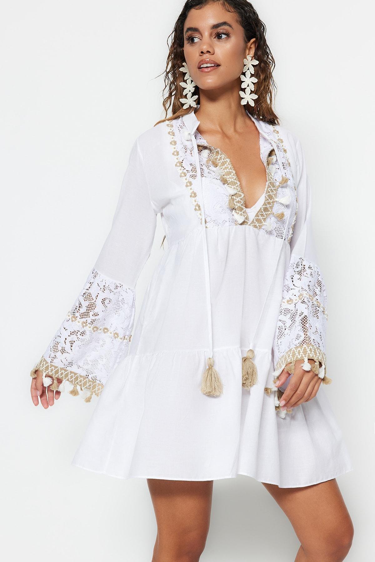 White V Neck Dress, , large image number 1