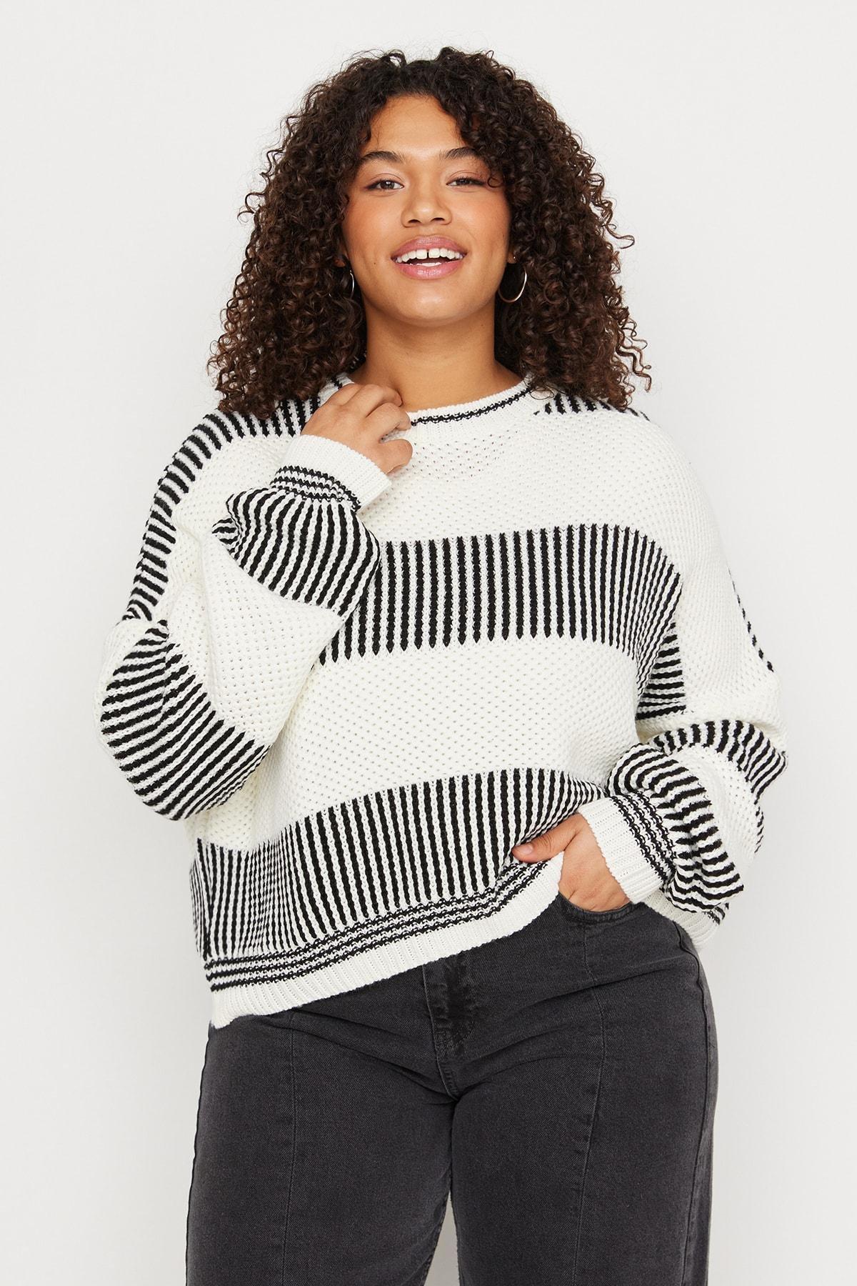 White Relaxed Striped Plus Size Sweater, , large image number 0