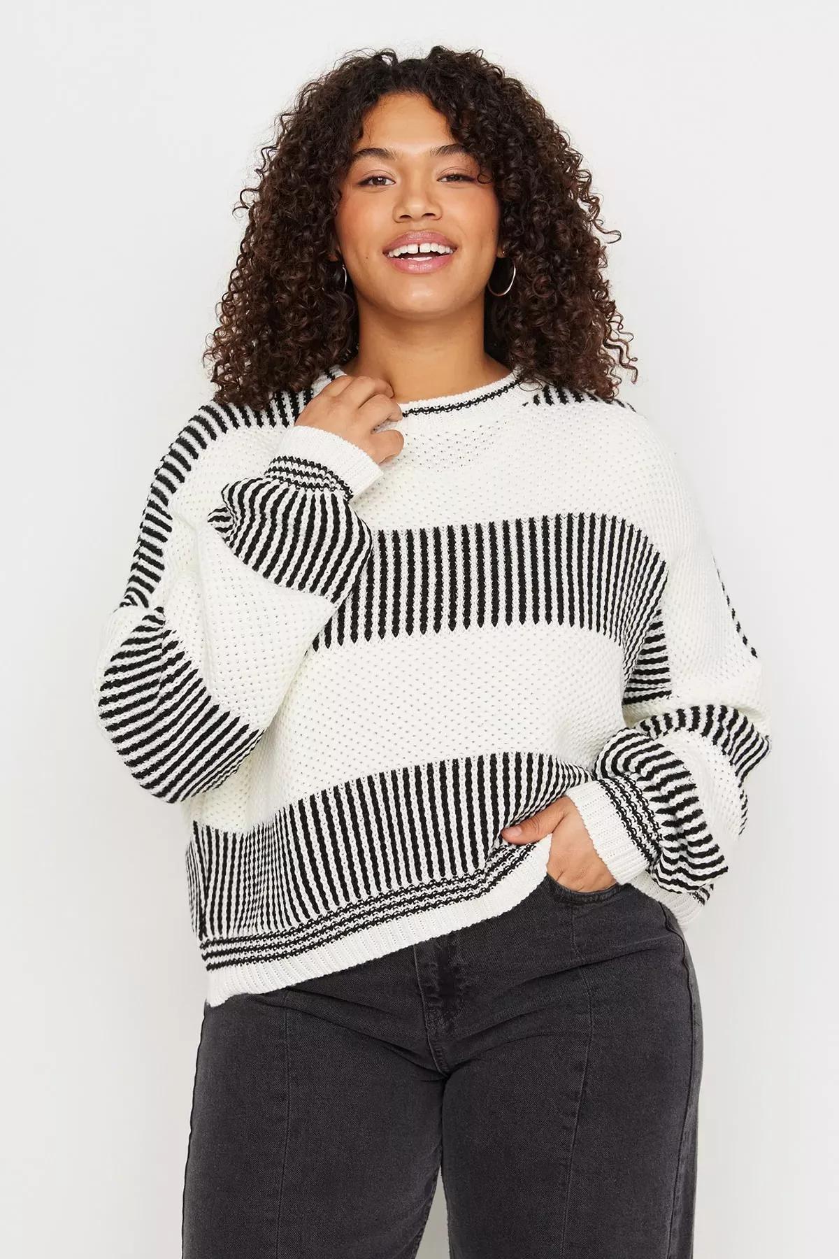 White Relaxed Striped Plus Size Sweater, Ecru, medium