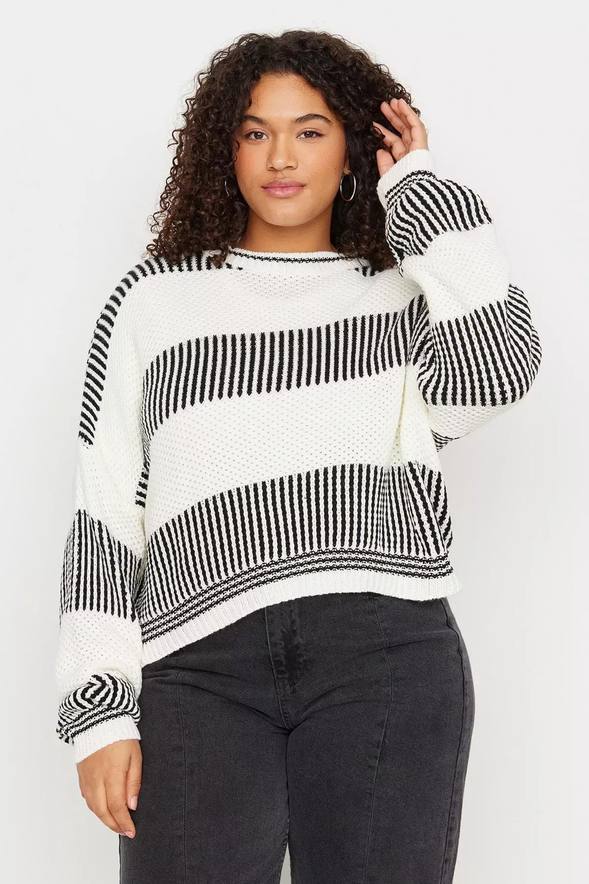White Relaxed Striped Plus Size Sweater, Ecru, medium