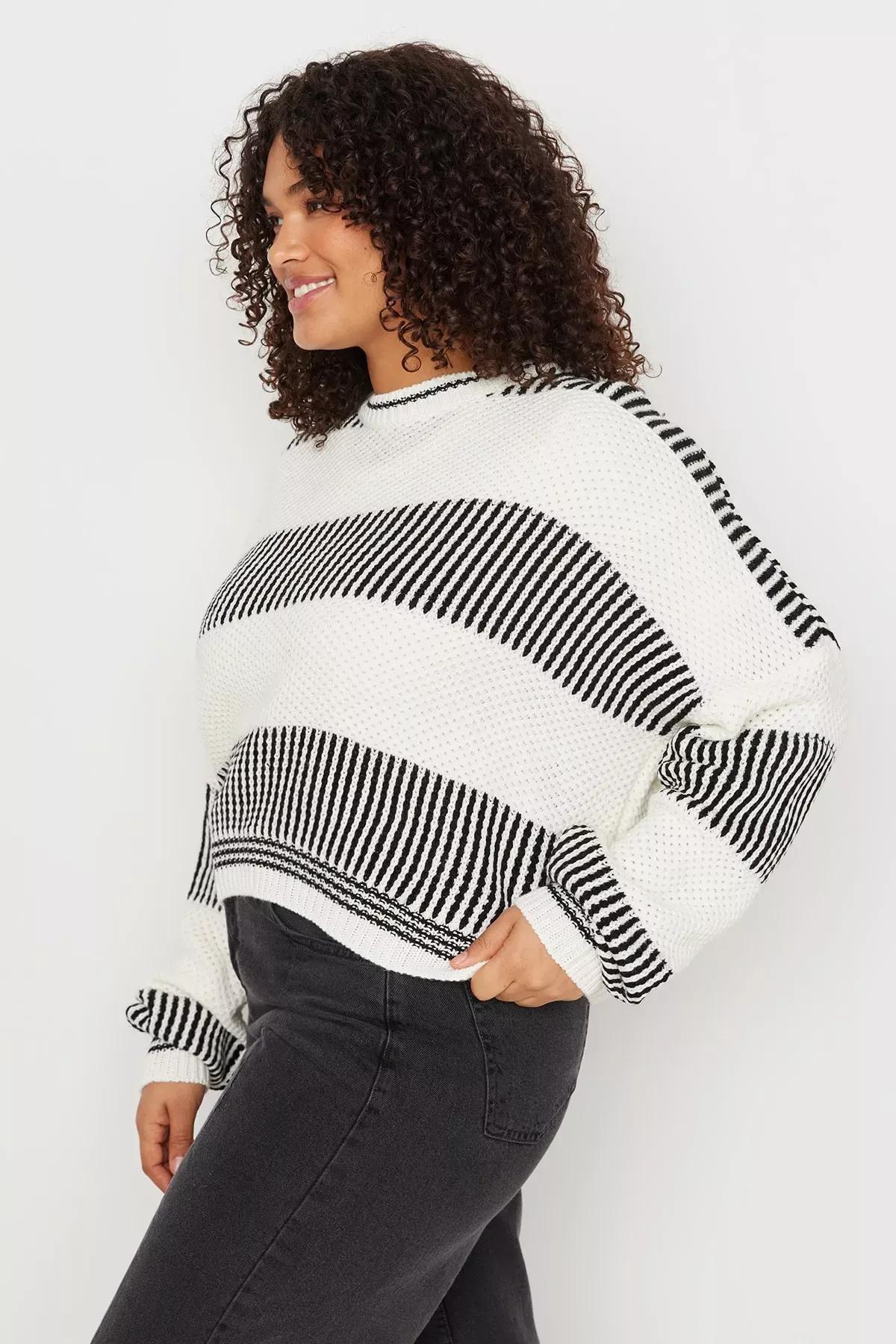 White Relaxed Striped Plus Size Sweater, Ecru, medium