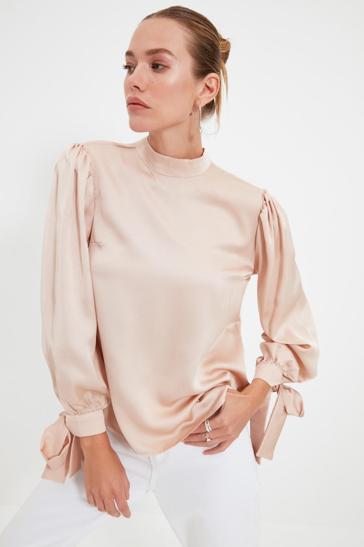 Beige Standing Collar Blouse, , medium