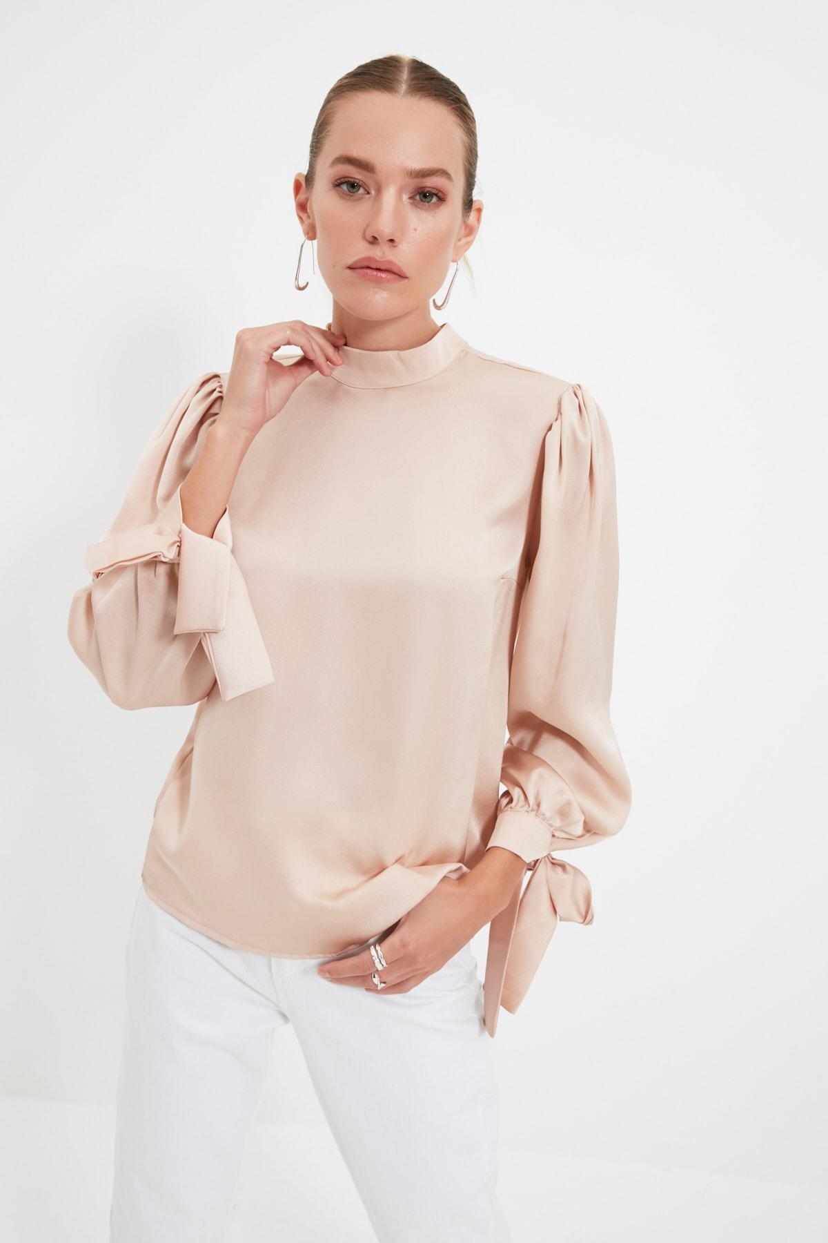 Beige Standing Collar Blouse, , large image number 1