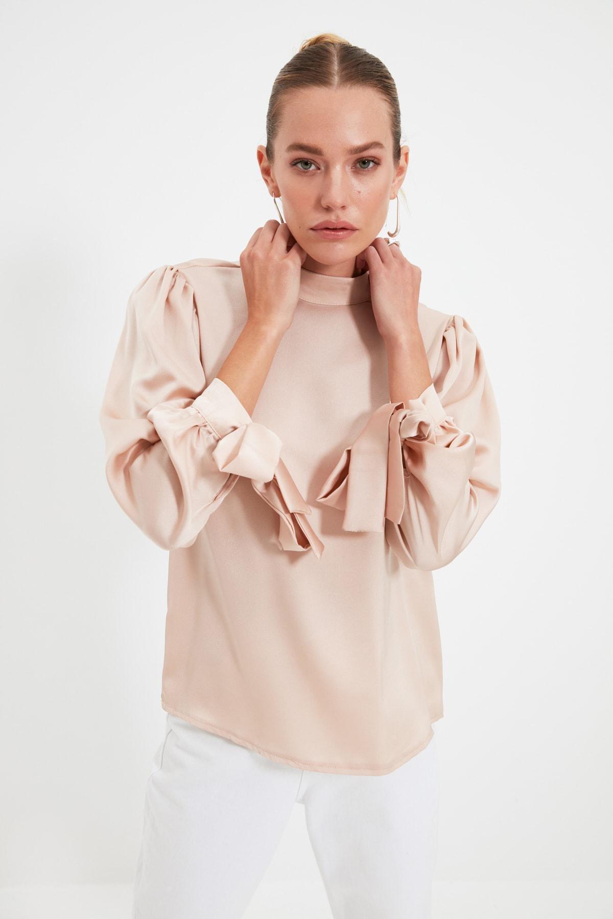 Beige Standing Collar Blouse, , large image number 2