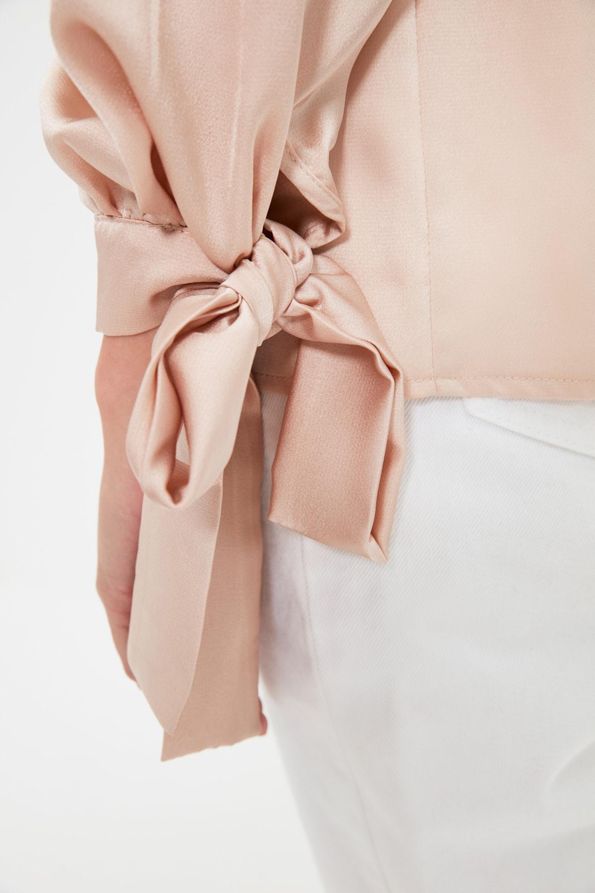 Beige Standing Collar Blouse, , large image number 3