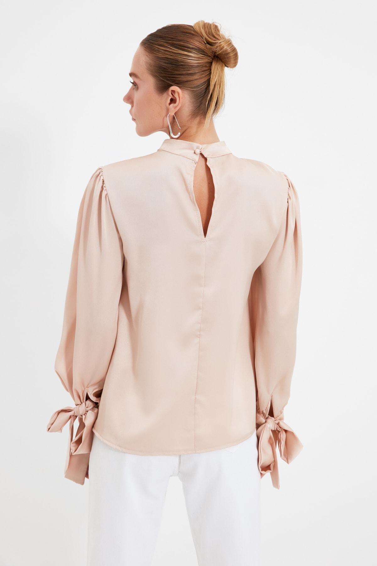Beige Standing Collar Blouse, , large image number 4