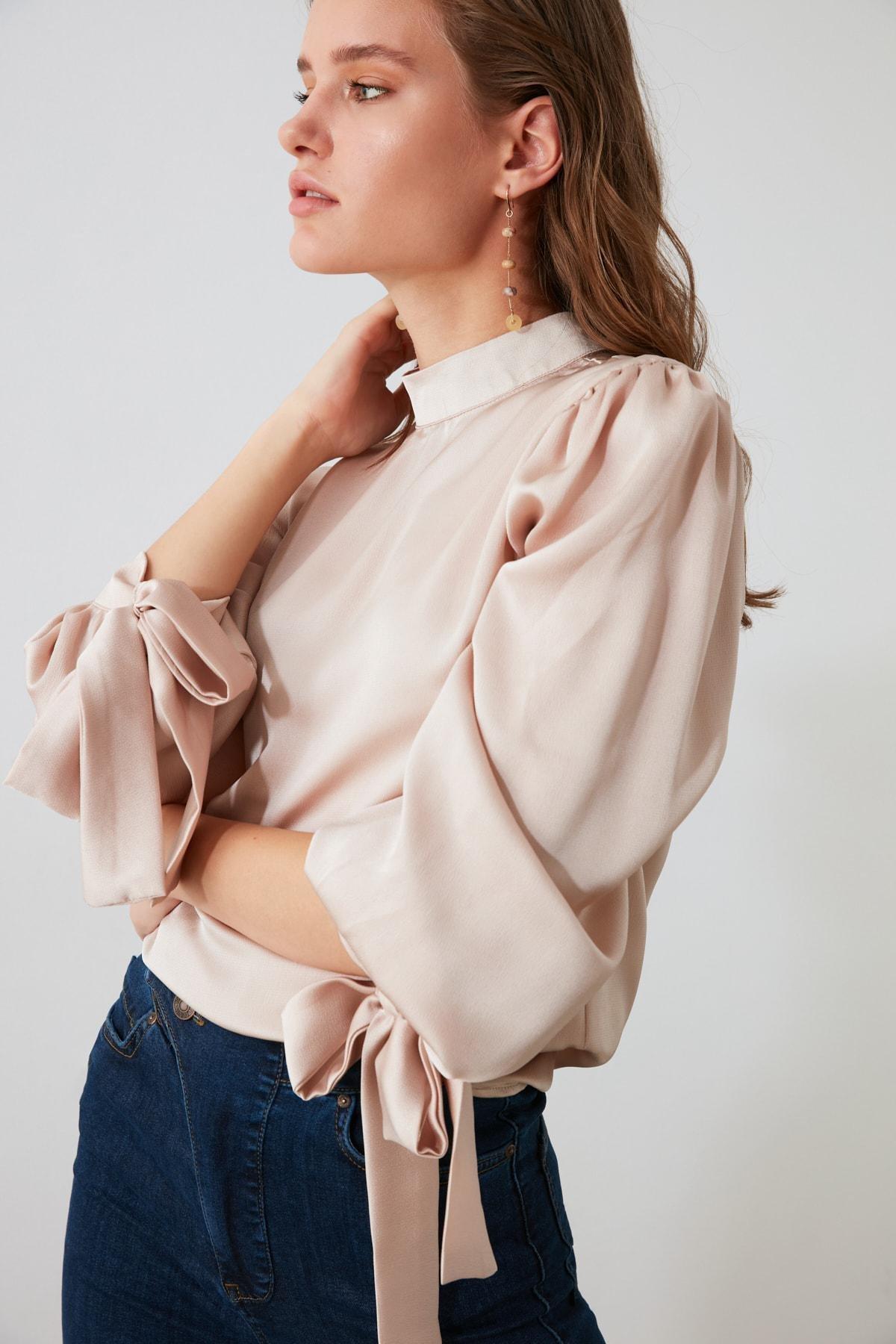 Beige Standing Collar Blouse, , large image number 5