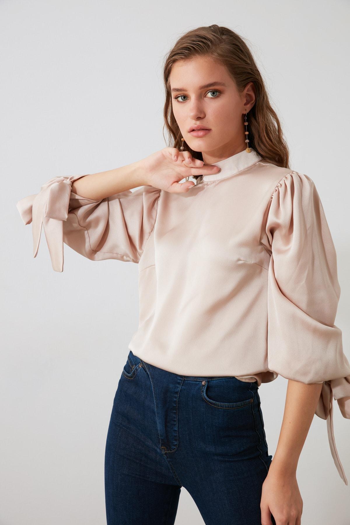Beige Standing Collar Blouse, , large image number 6