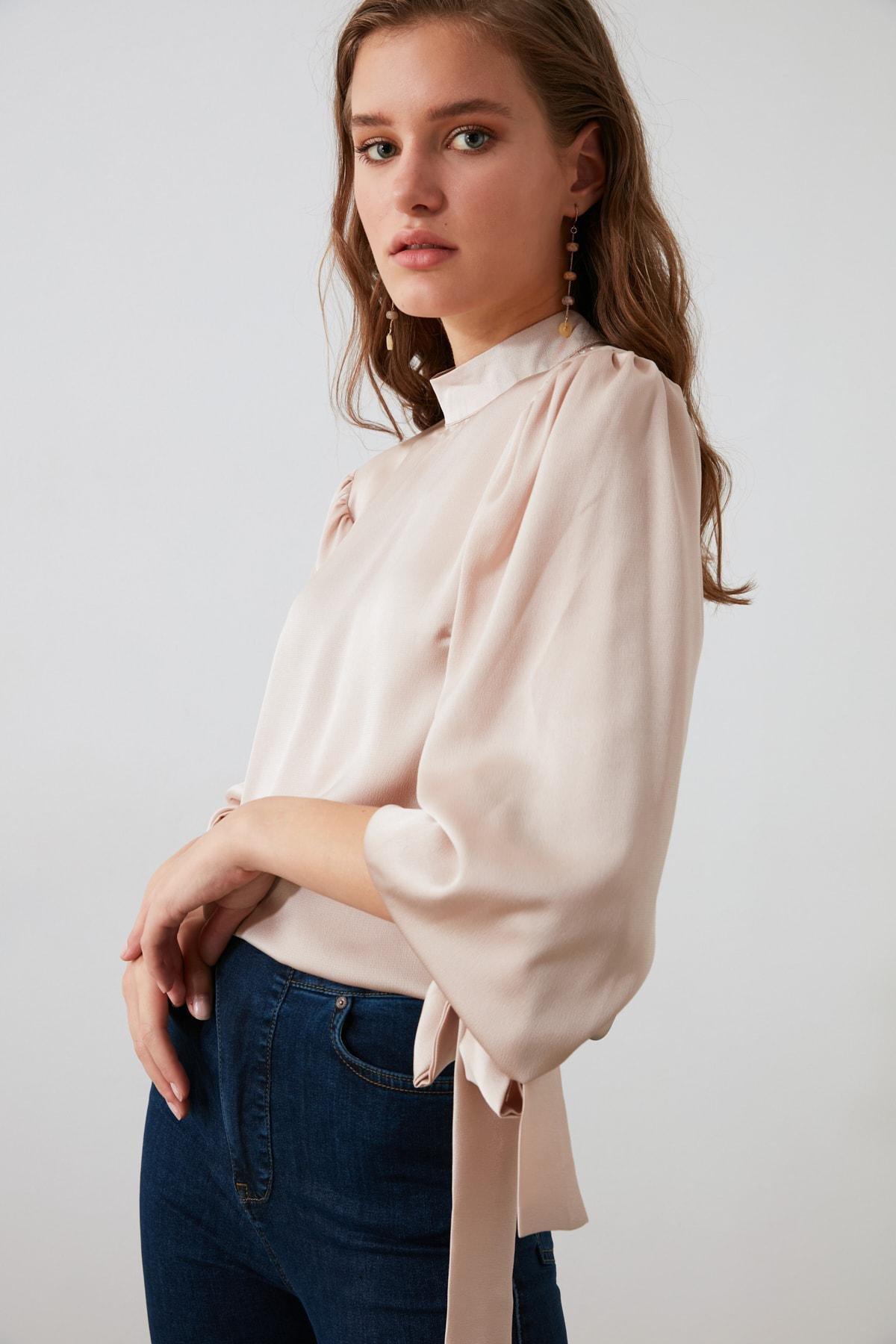 Beige Standing Collar Blouse, , large image number 7