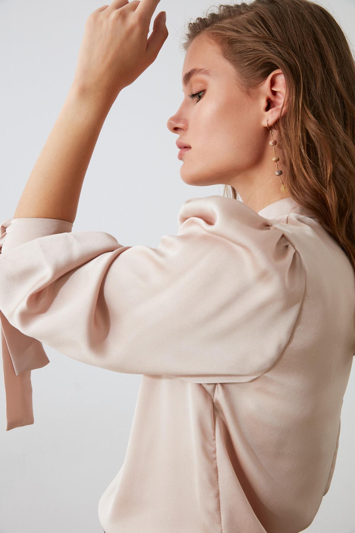 Beige Standing Collar Blouse, , large image number 8