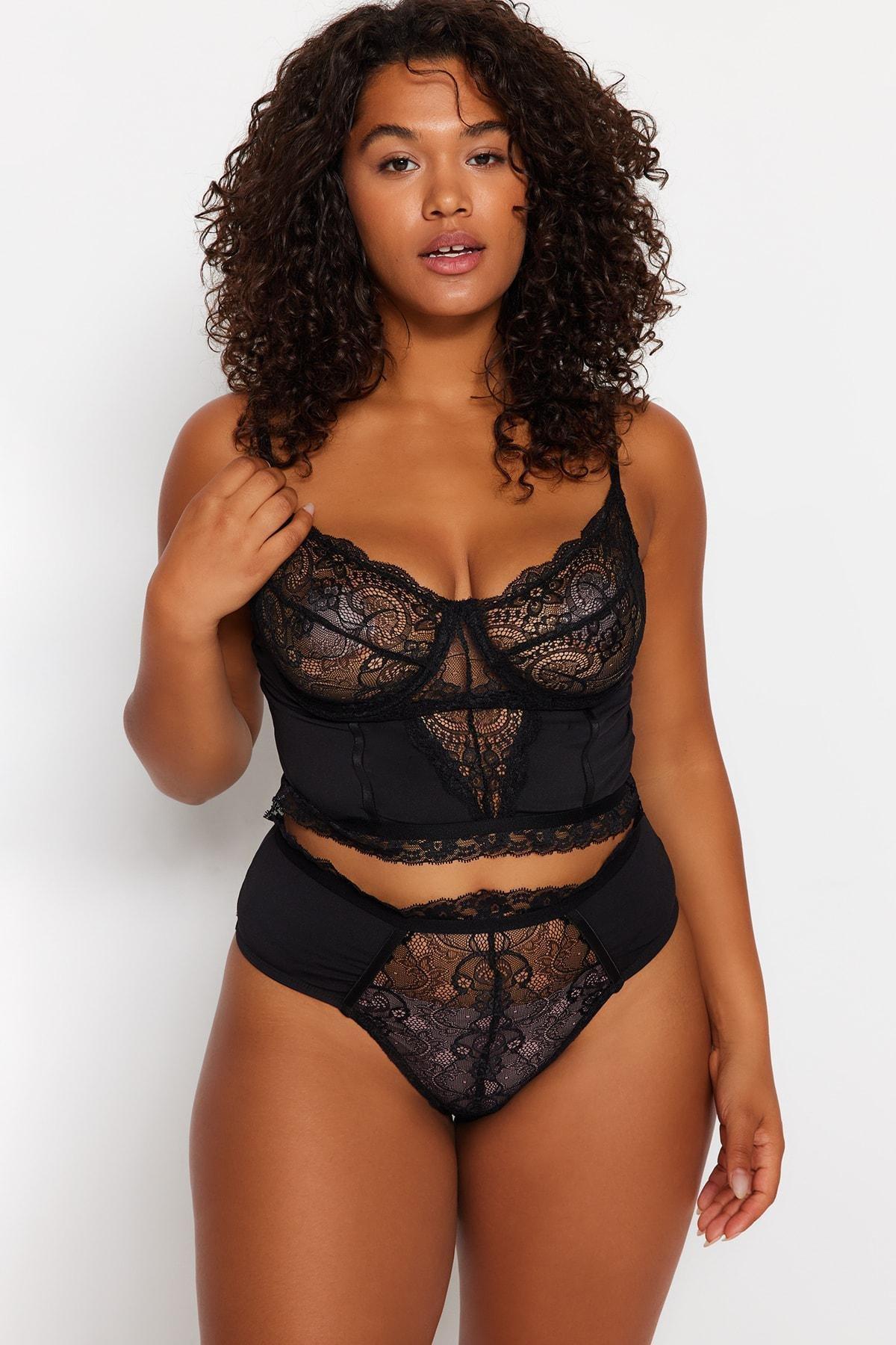 Plus Size Underwear Set - Black - Plain, 2 pcs, , large image number 4