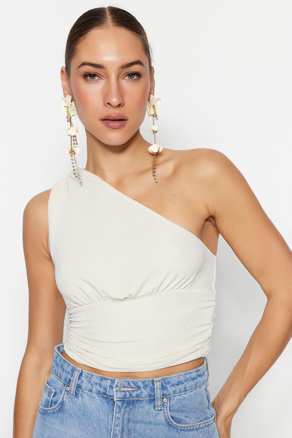 White Fitted Asymmetrical Collar Crop Top, , large image number 0