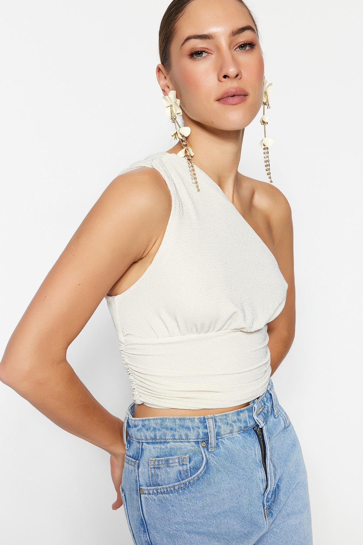 White Fitted Asymmetrical Collar Crop Top, , large image number 1