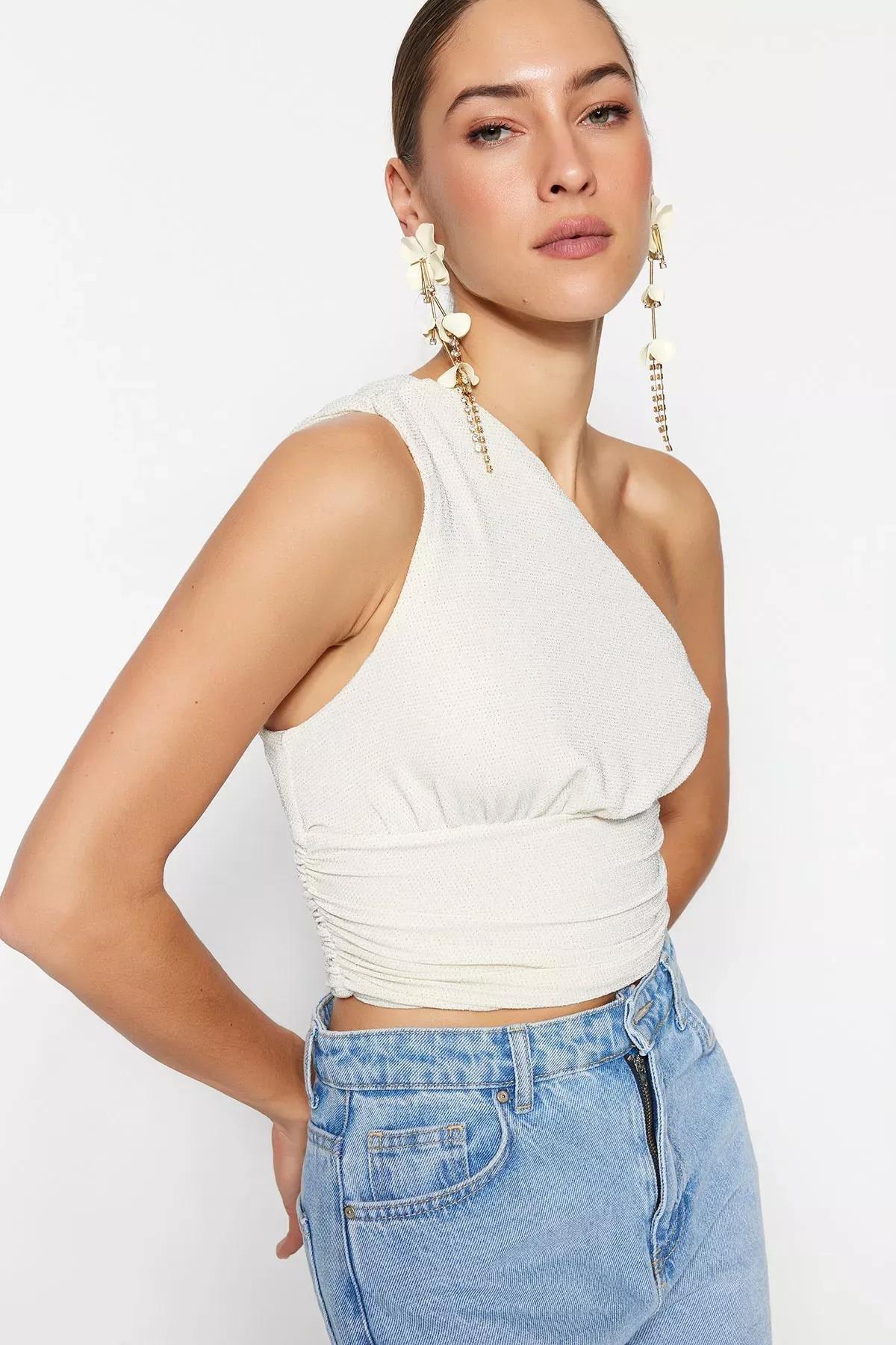 White Fitted Asymmetrical Collar Crop Top, Ecru, large image number 1