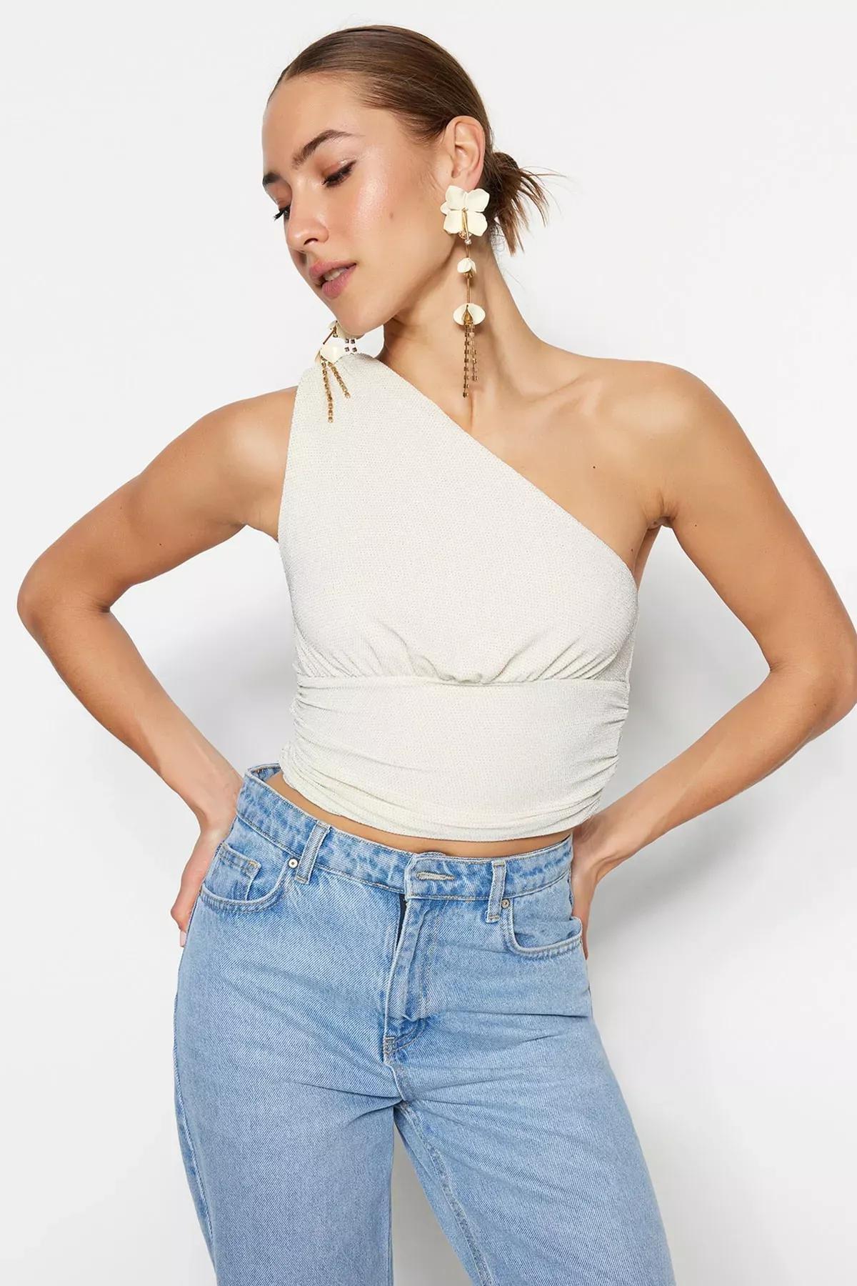 White Fitted Asymmetrical Collar Crop Top, Ecru, large image number 2