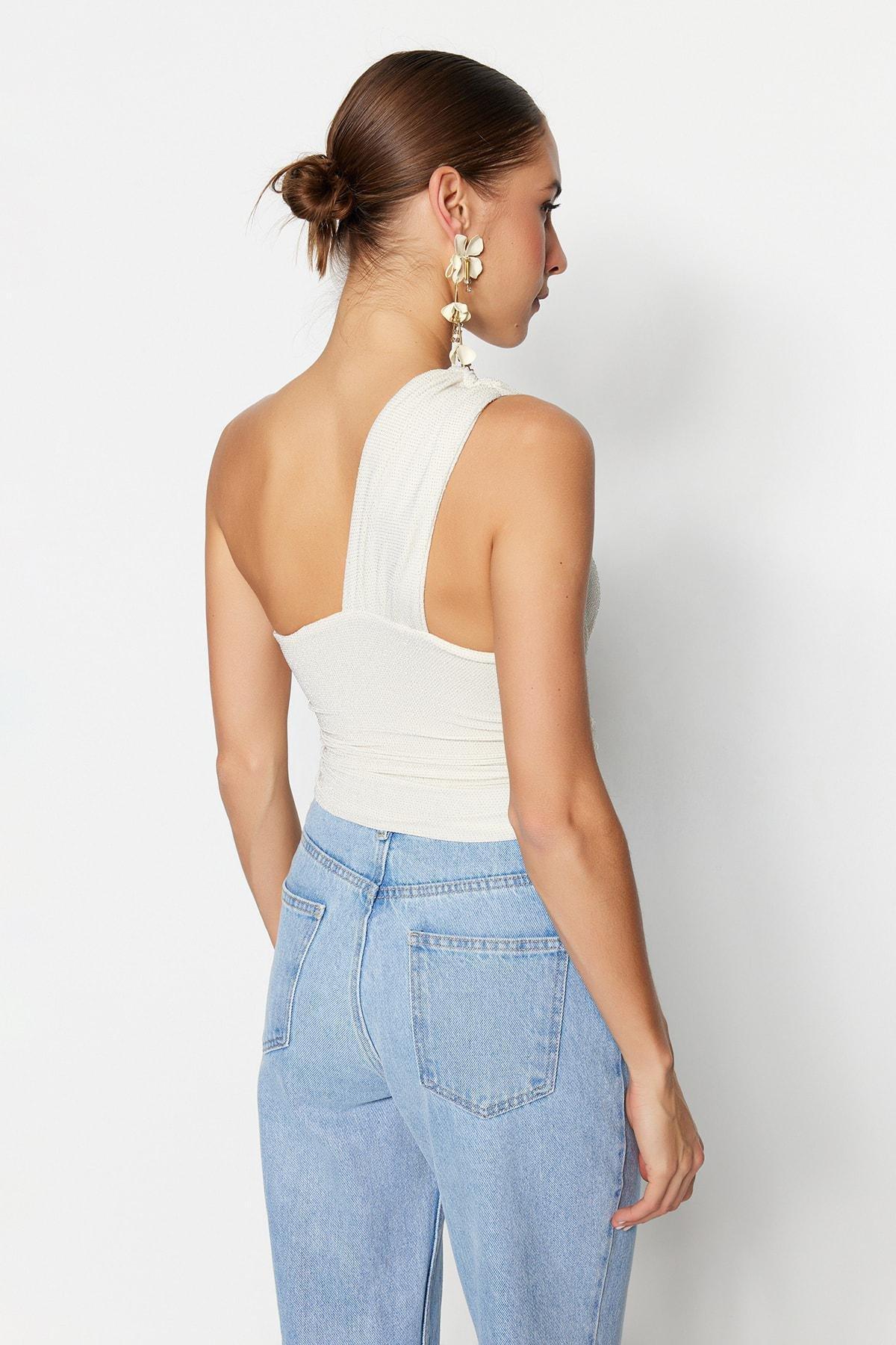 White Fitted Asymmetrical Collar Crop Top, , large image number 5