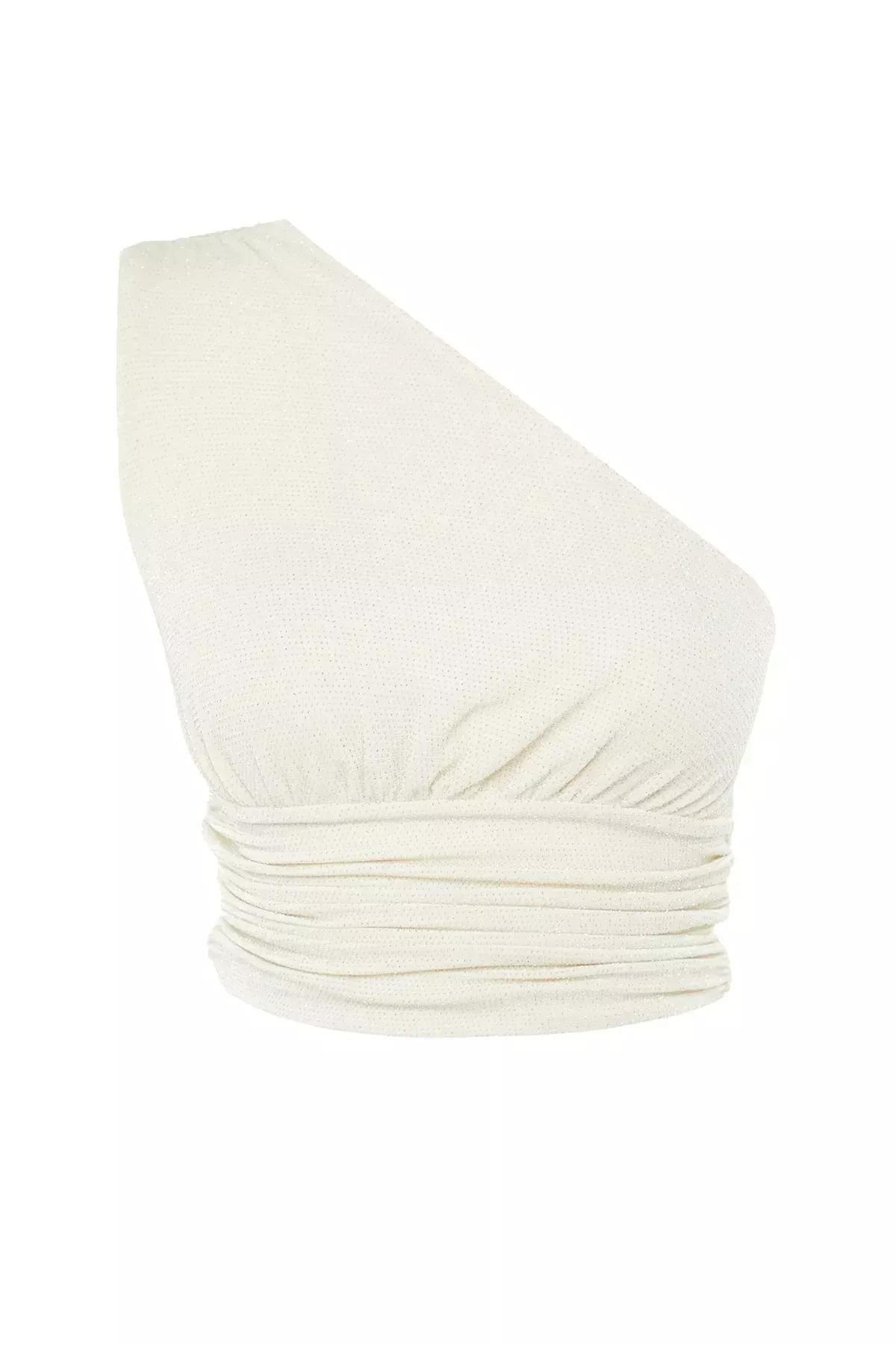 White Fitted Asymmetrical Collar Crop Top, Ecru, large image number 5