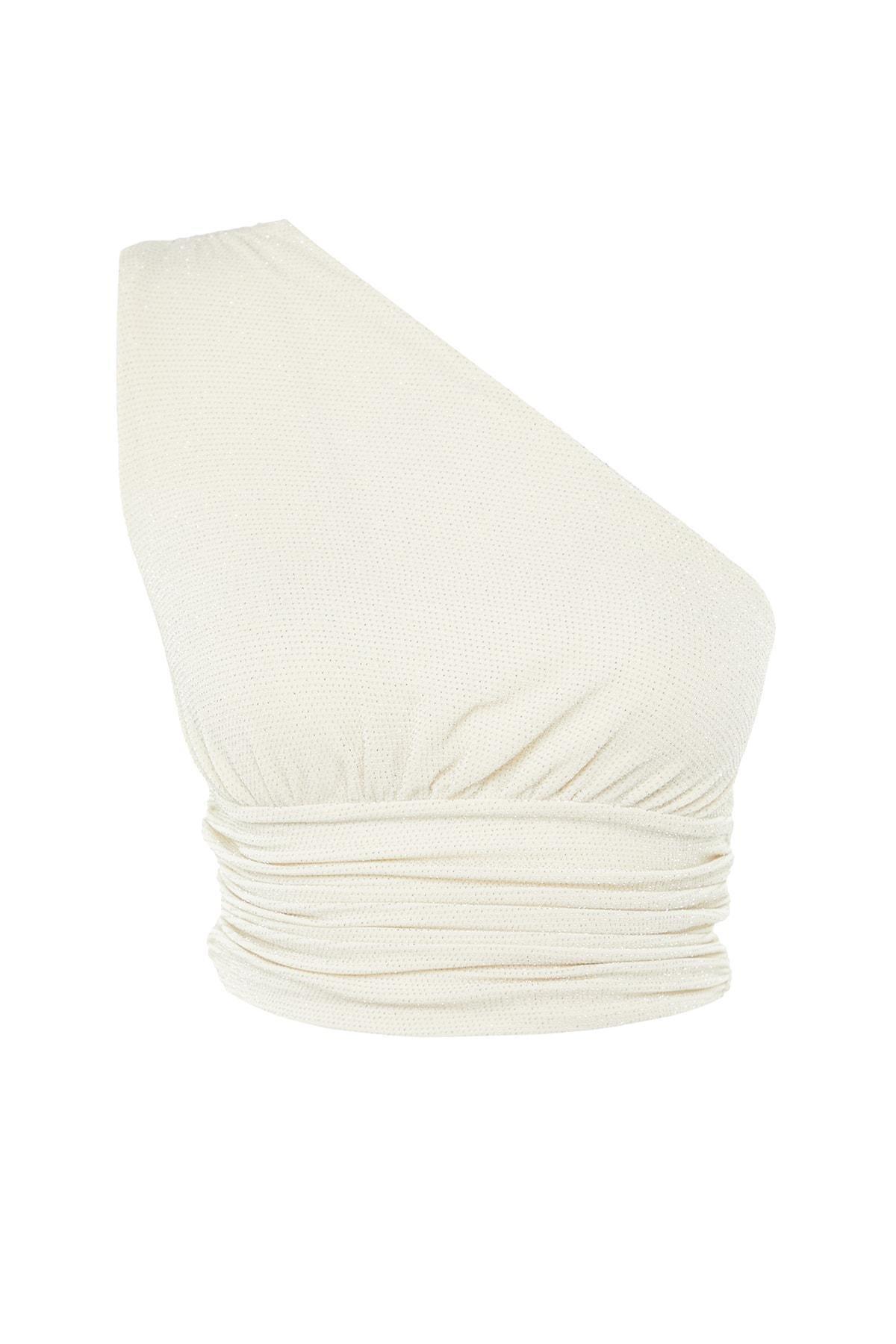 White Fitted Asymmetrical Collar Crop Top, , large image number 6