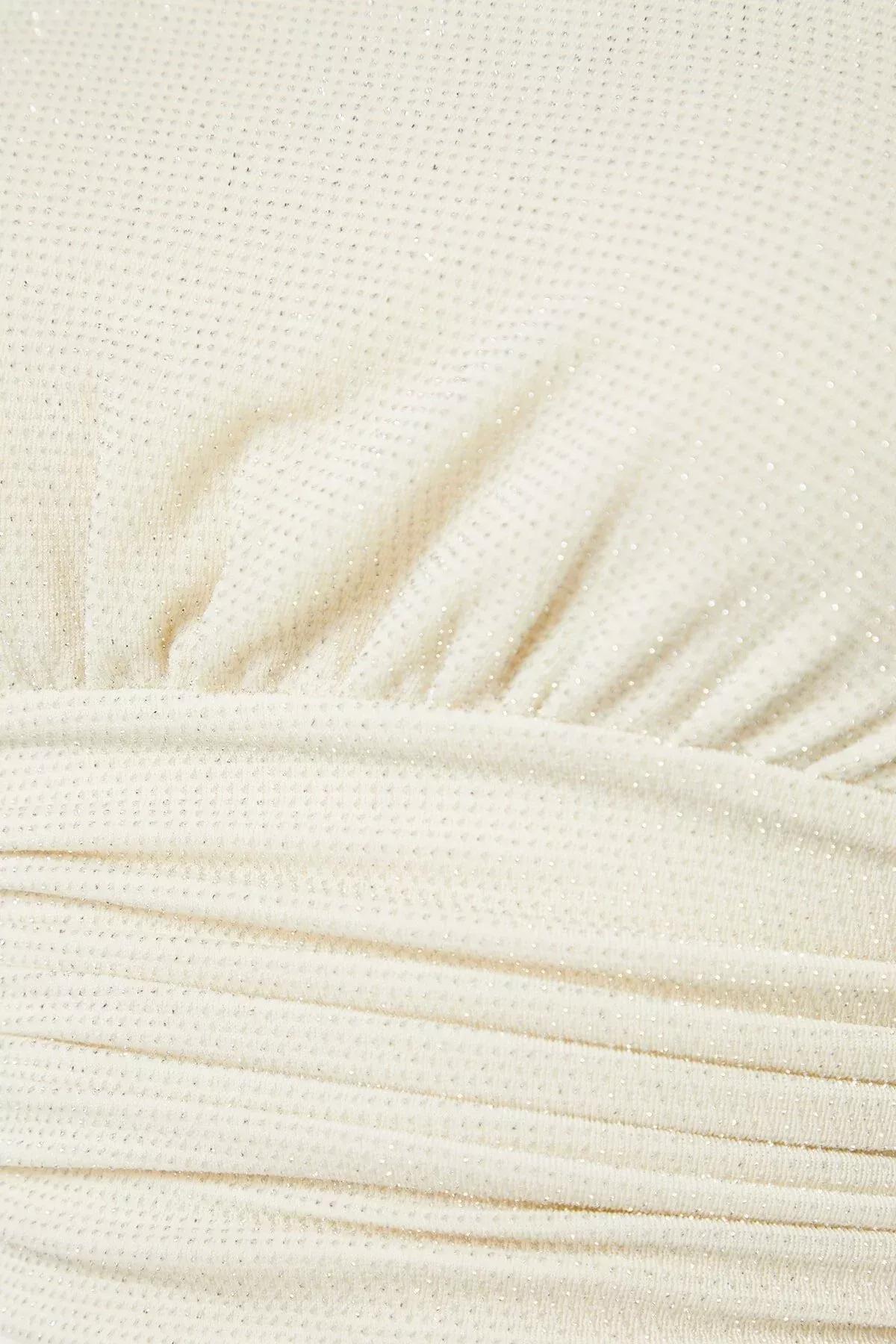 White Fitted Asymmetrical Collar Crop Top, Ecru, large image number 6