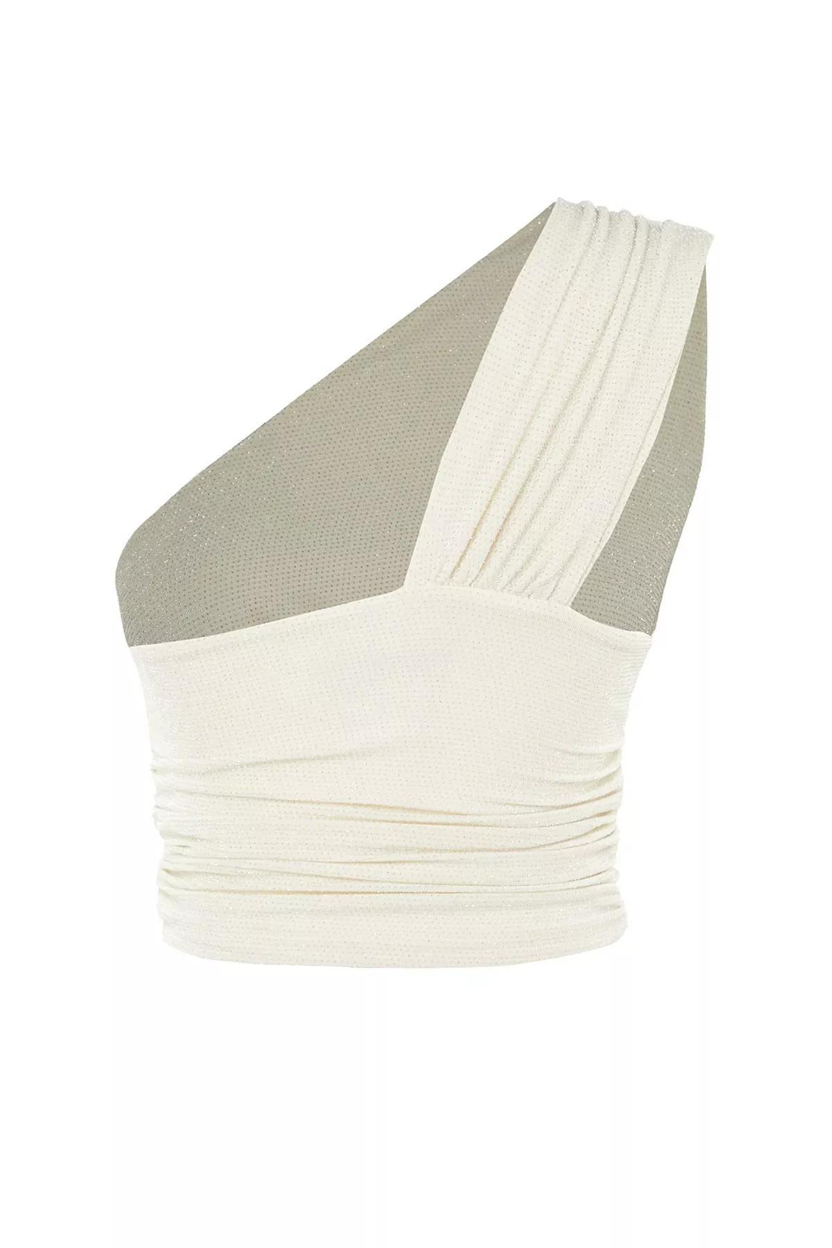 White Fitted Asymmetrical Collar Crop Top, Ecru, large image number 7