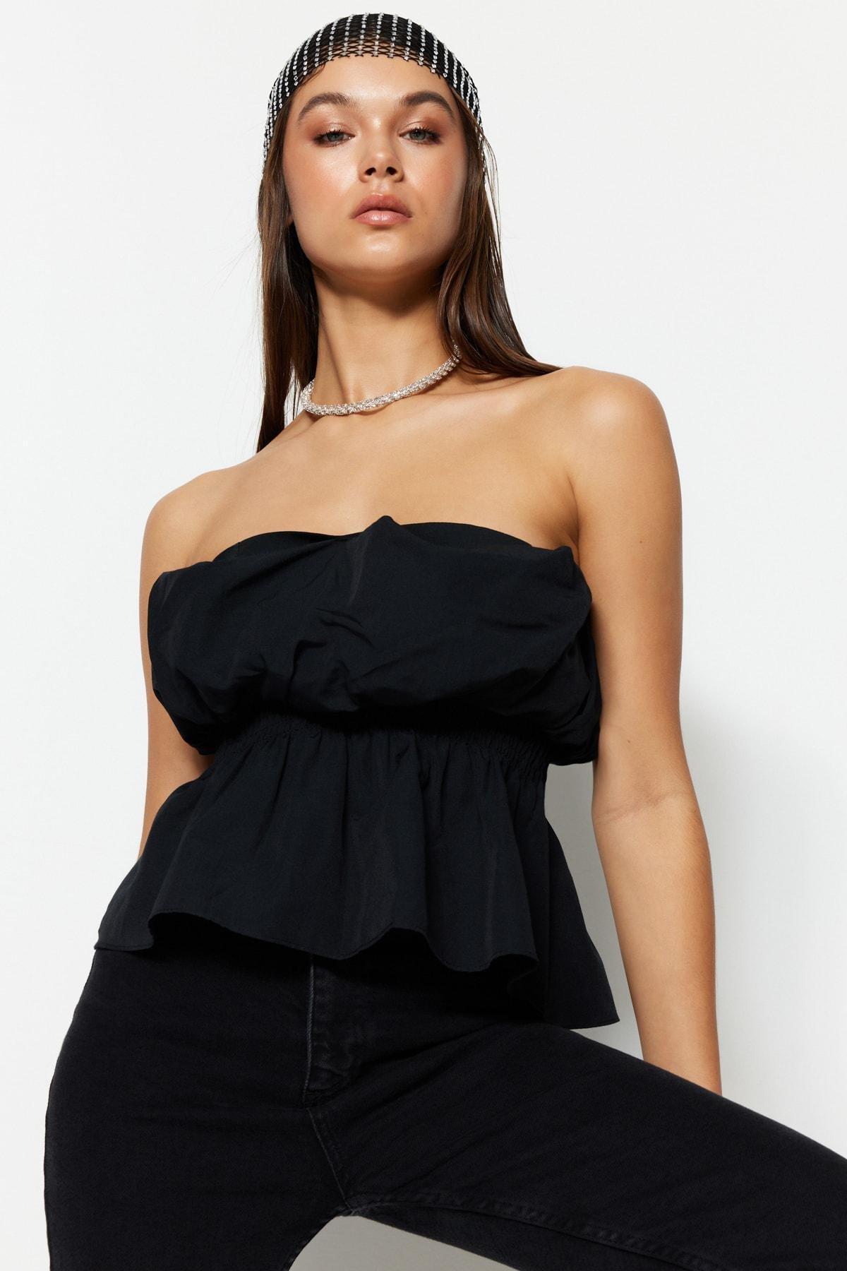 Black Fitted Strapless Blouse, , large image number 0