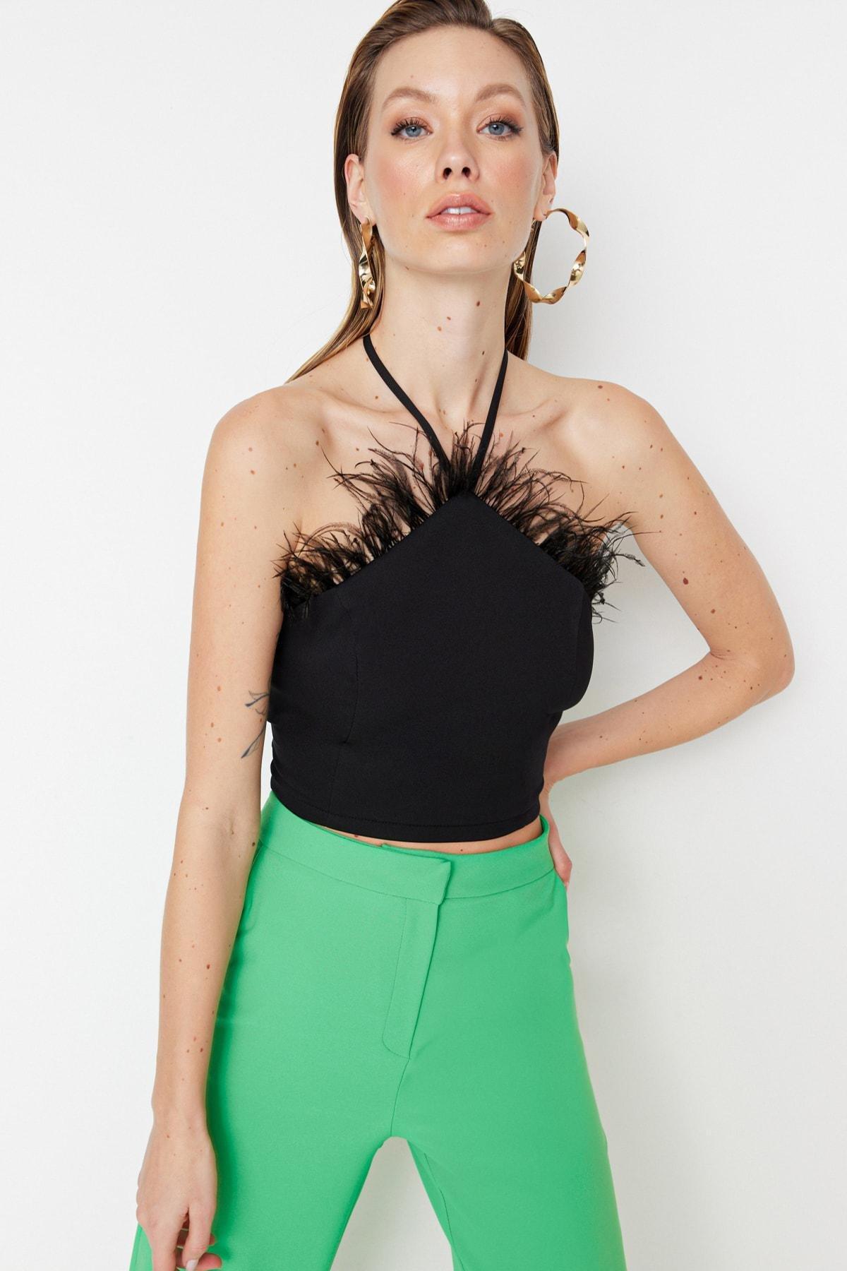 Black Asymmetrical Collar Crop Top, , large image number 0