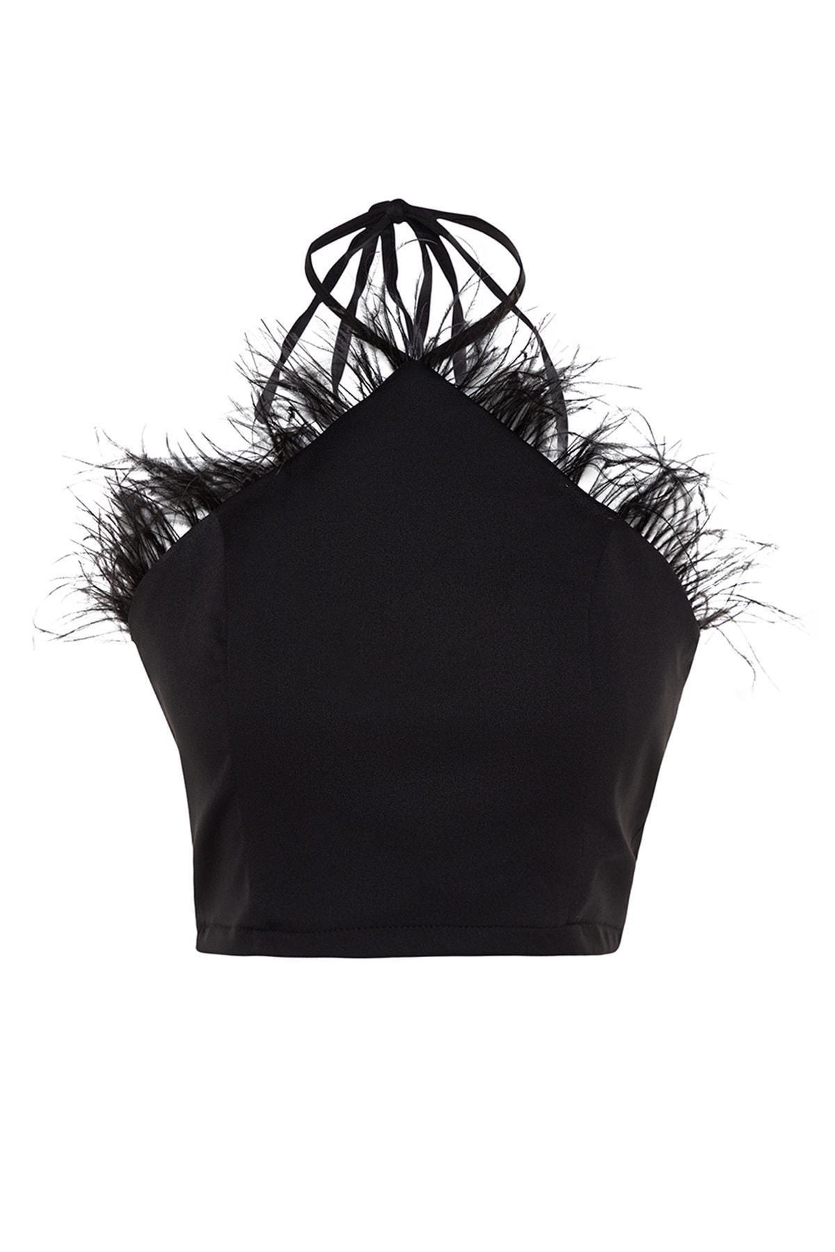 Black Asymmetrical Collar Crop Top, , large image number 5